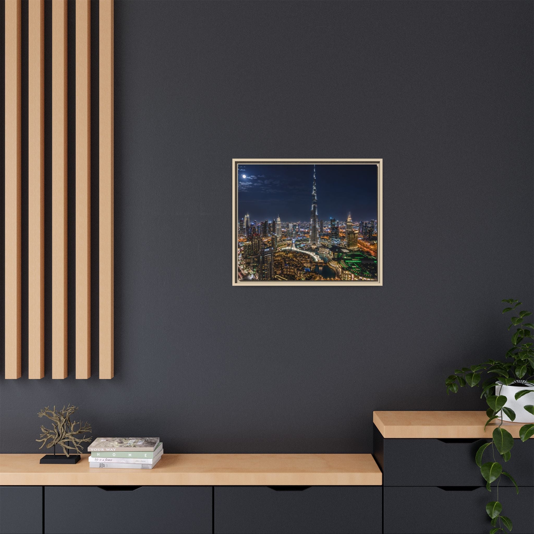 Dubai Night Skyline Matte Framed Canvas Print
