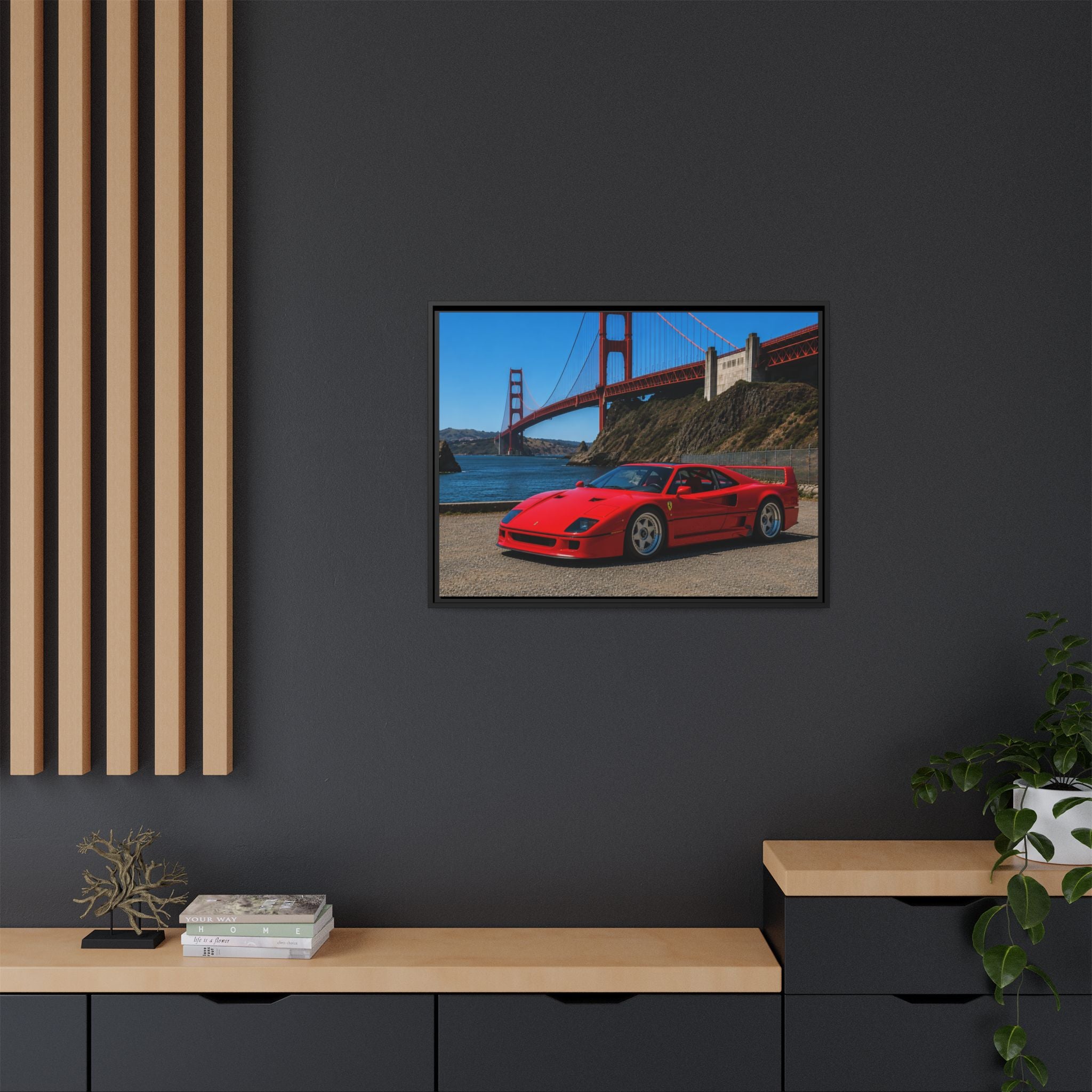 Ferrari F40 1987  — Red Sexy Sports Car by Golden Gate Bridge - Stunning Framed Canvas