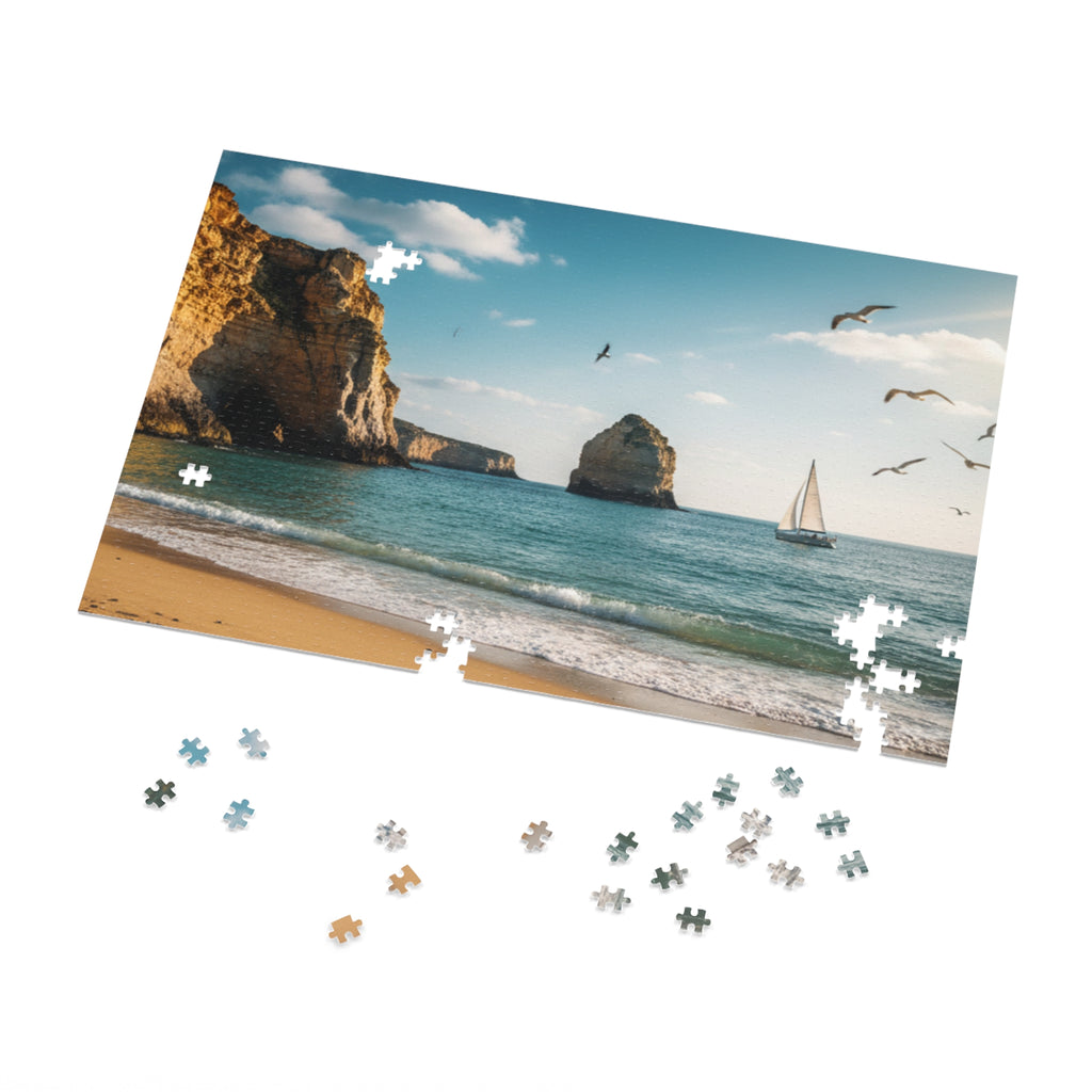 Beach Scene Jigsaw Puzzle (with Tin) — Seaside Sailboat 500-Pc Puzzle Gift