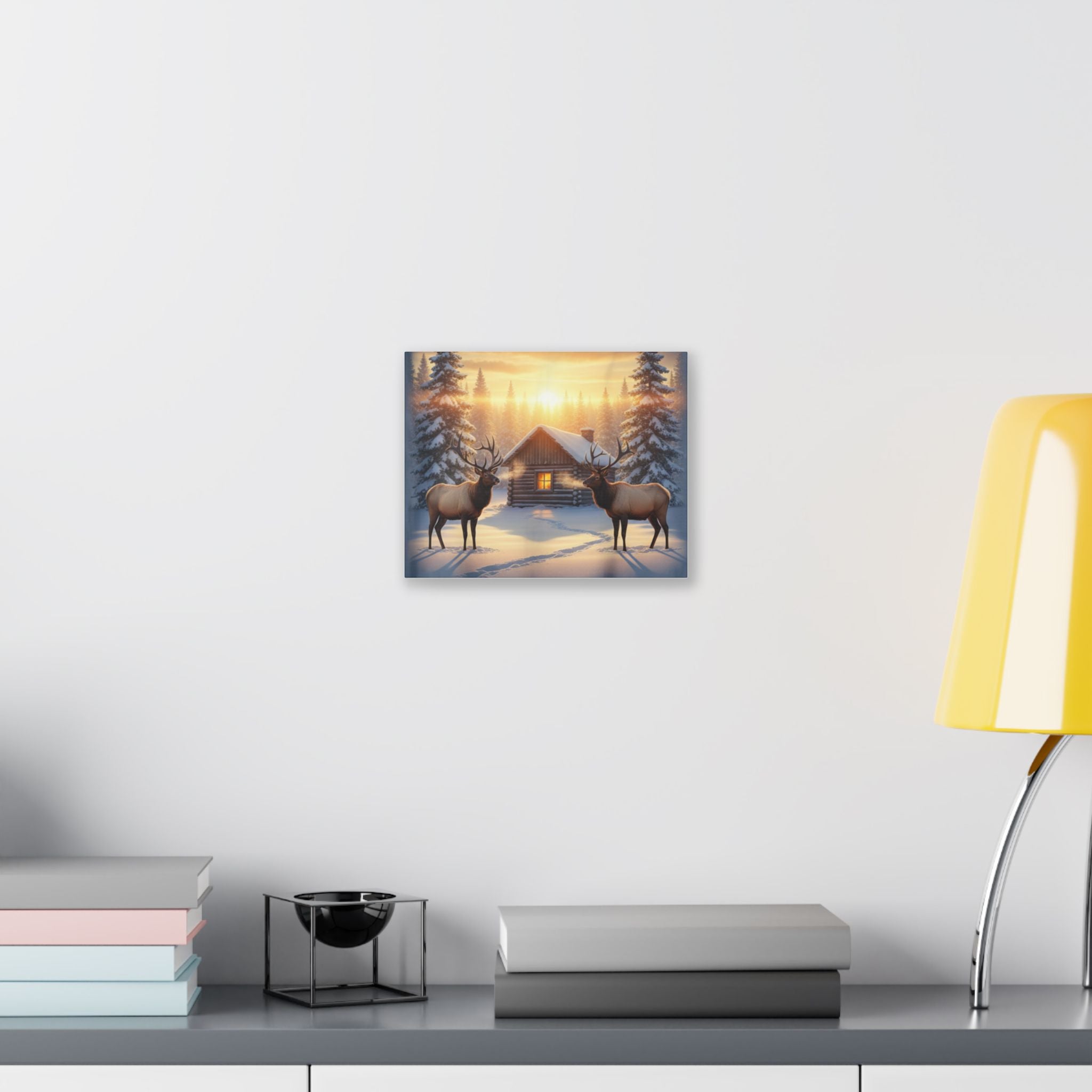 Winter Cabin Elk Canvas Wall Art – Cozy Snowy Forest Sunset Print