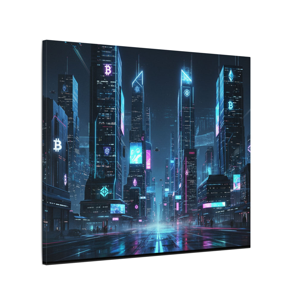 Cyberpunk Cityscape Matte Canvas Print — Neon Futuristic Skyline Wall Art