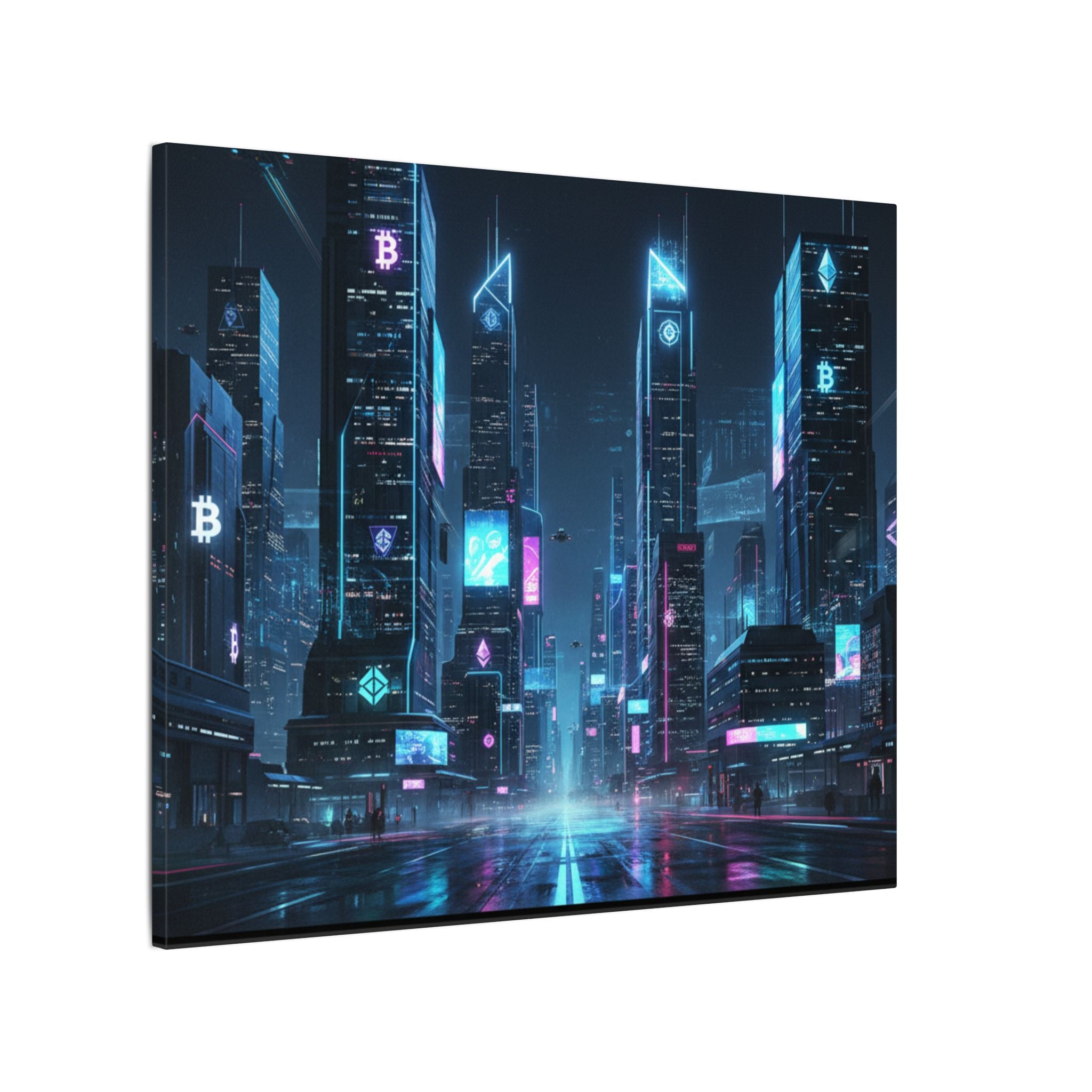 Cyberpunk Cityscape Matte Canvas Print — Neon Futuristic Skyline Wall Art