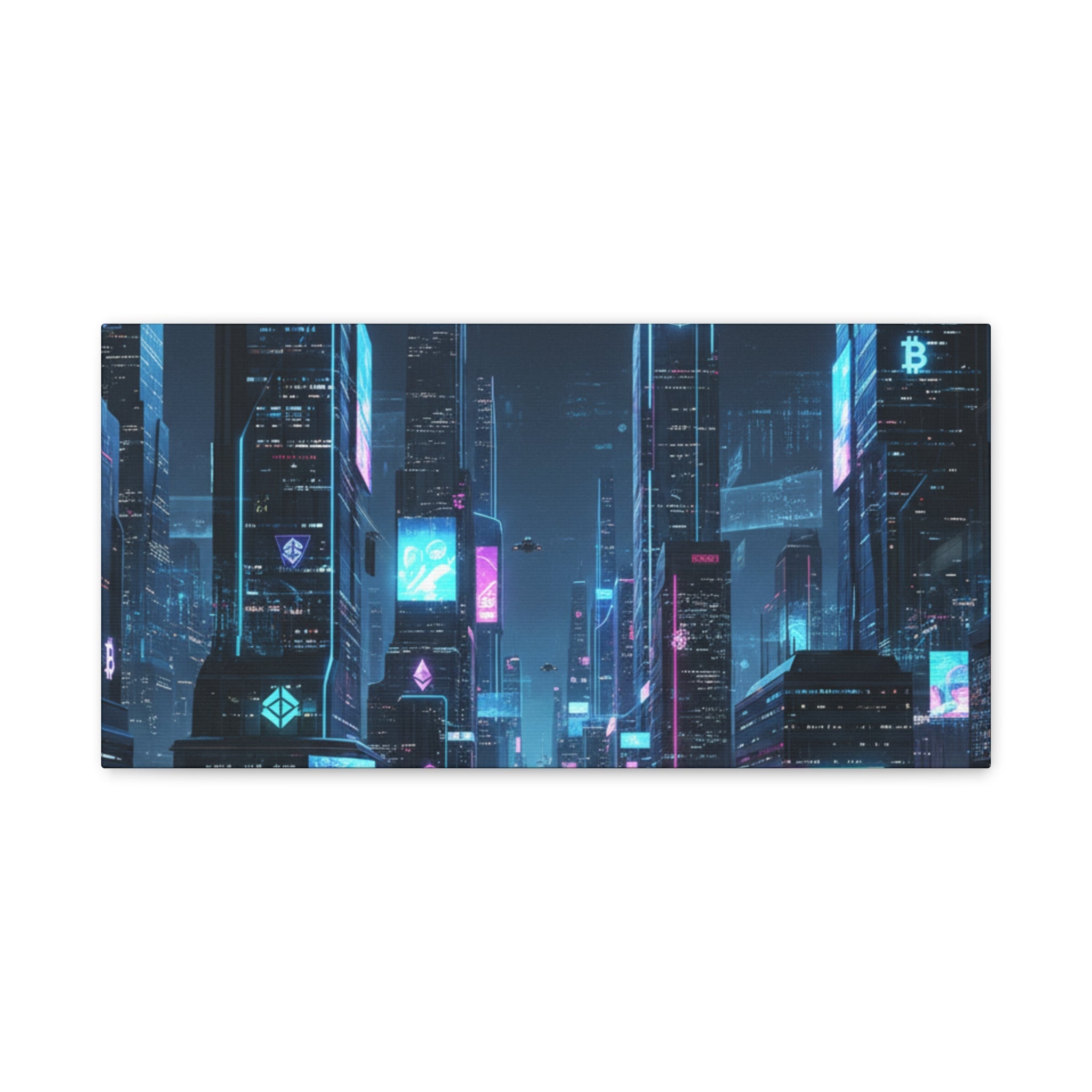 Cyberpunk Crypto Cityscape Canvas Print — Futuristic Neon Skyline Wall Art