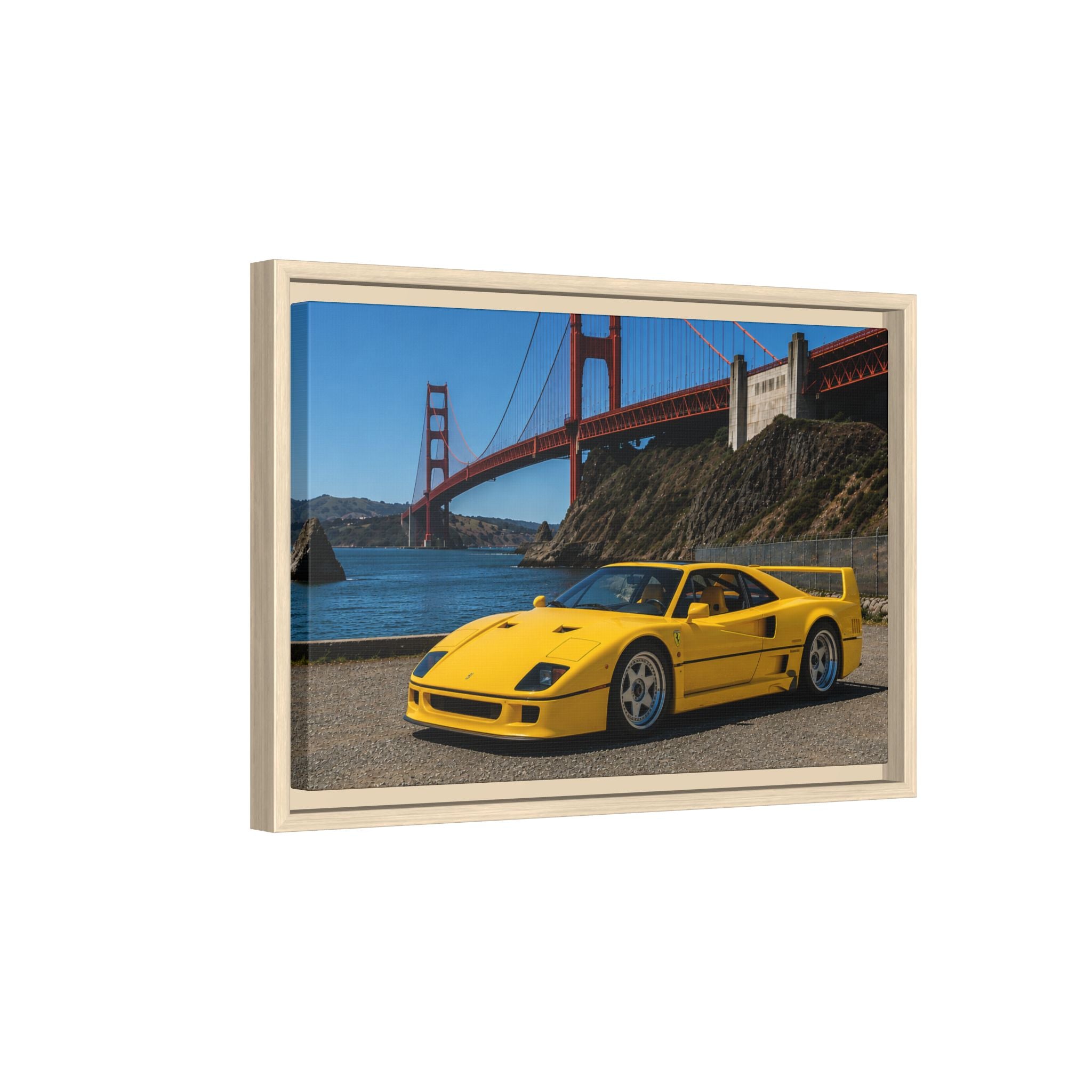 Ferrari 1987 F40 — Yellow Ferrari by the Golden Gate Bridge - Stunning Framed Canvas