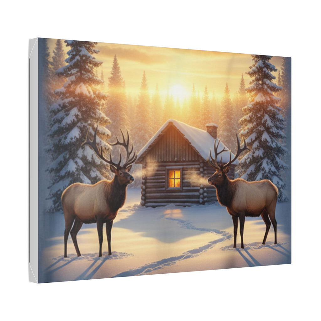Winter Cabin Elk Canvas Wall Art – Cozy Snowy Forest Sunset Print