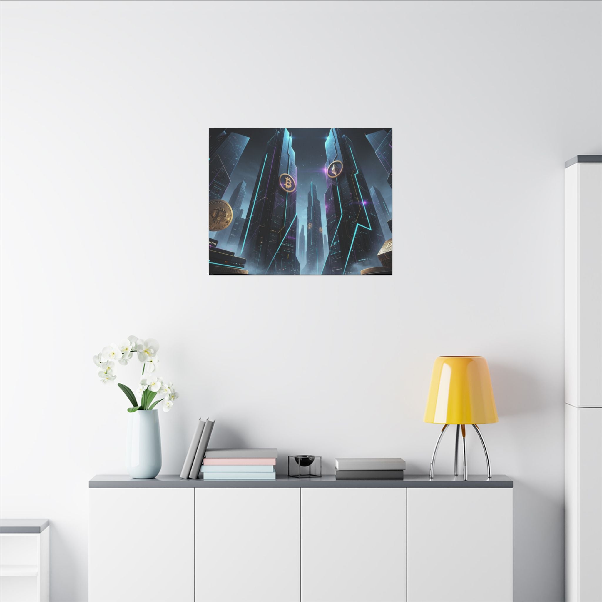 Crypto City Canvas Print — Futuristic Bitcoin & Ethereum Wall Art