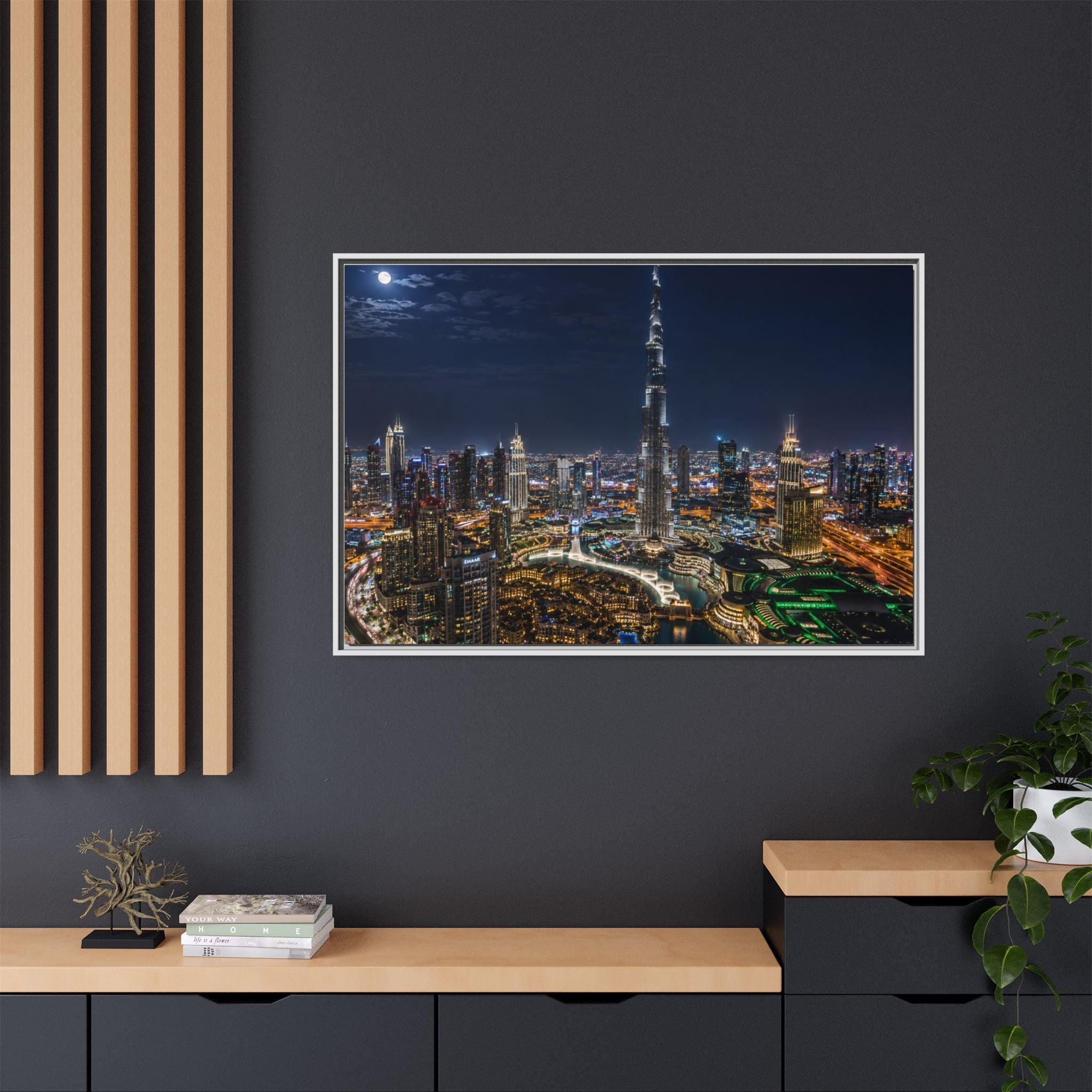 Dubai Night Skyline Matte Framed Canvas Print