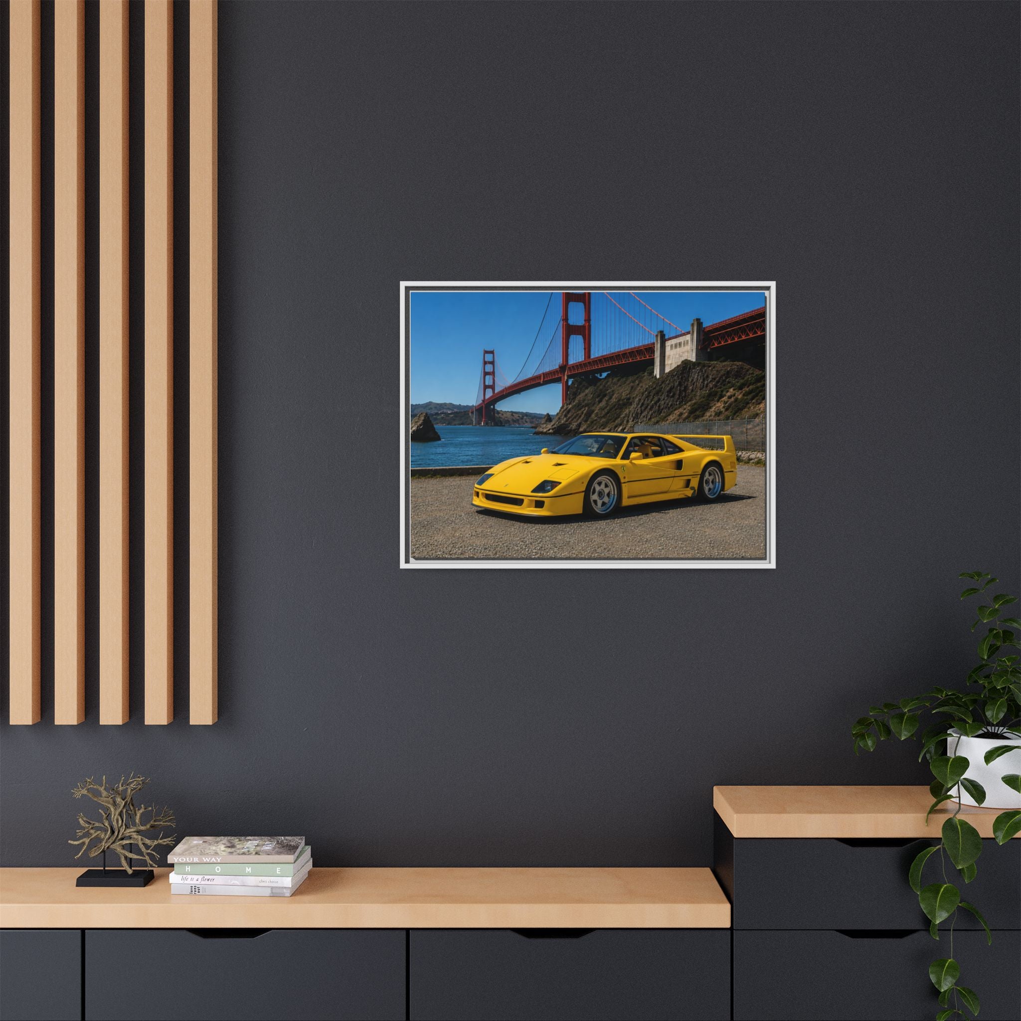 Ferrari 1987 F40 — Yellow Ferrari by the Golden Gate Bridge - Stunning Framed Canvas