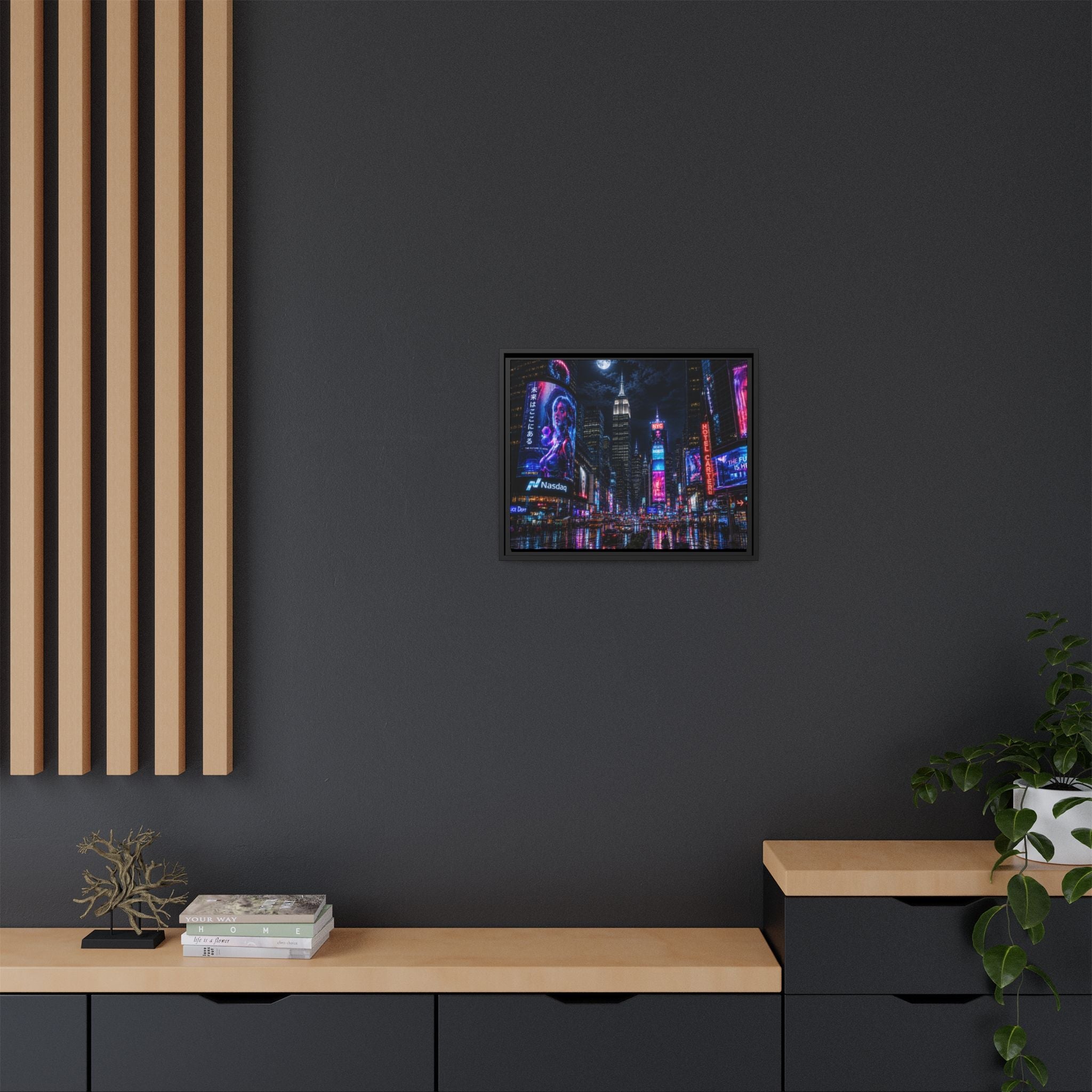 Time Square City Scape "Cyberpunk themed" Neon City Nights Matte Canvas Print (Framed)