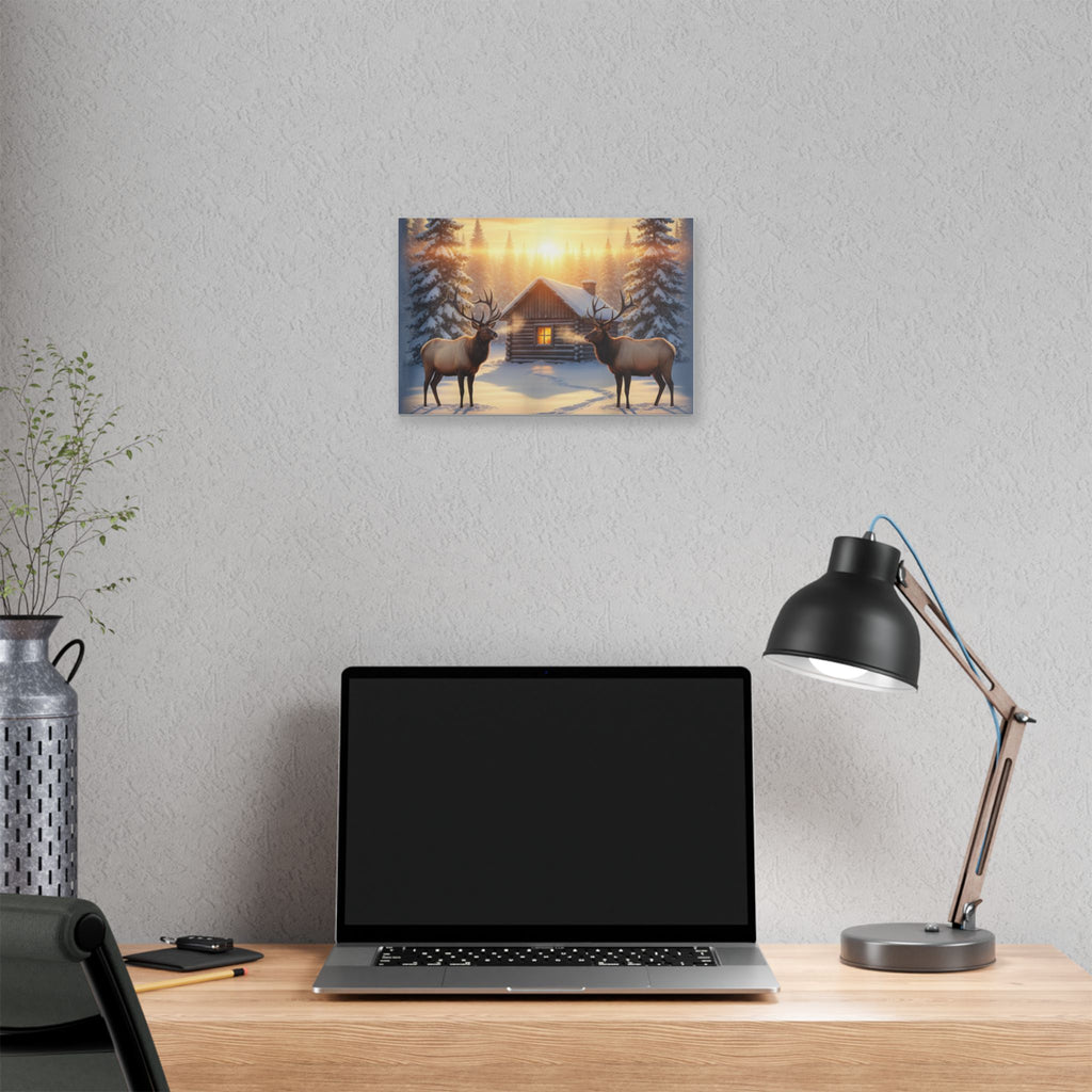 Winter Cabin Elk Canvas Wall Art – Cozy Snowy Forest Sunset Print