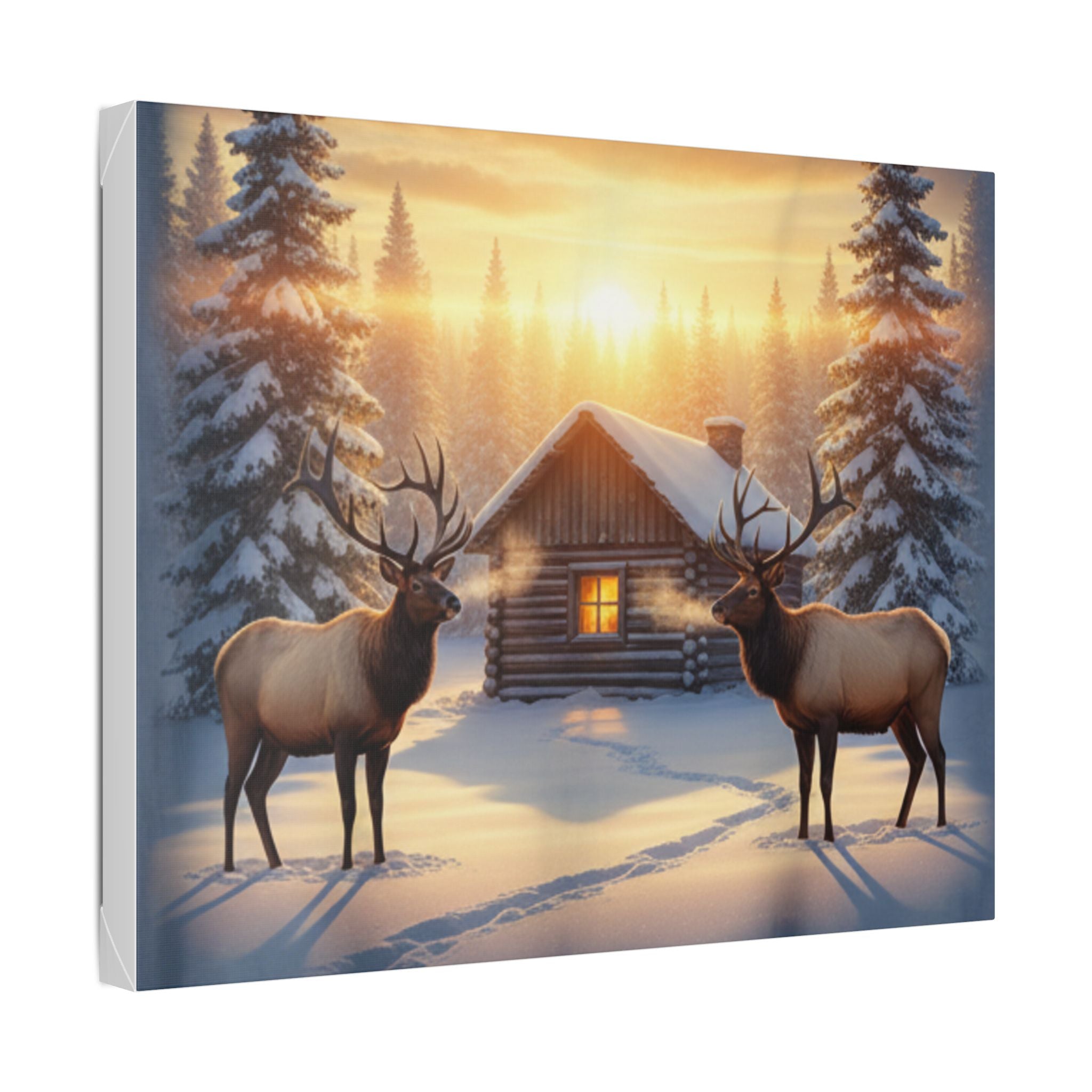 Winter Cabin Elk Canvas Wall Art – Cozy Snowy Forest Sunset Print