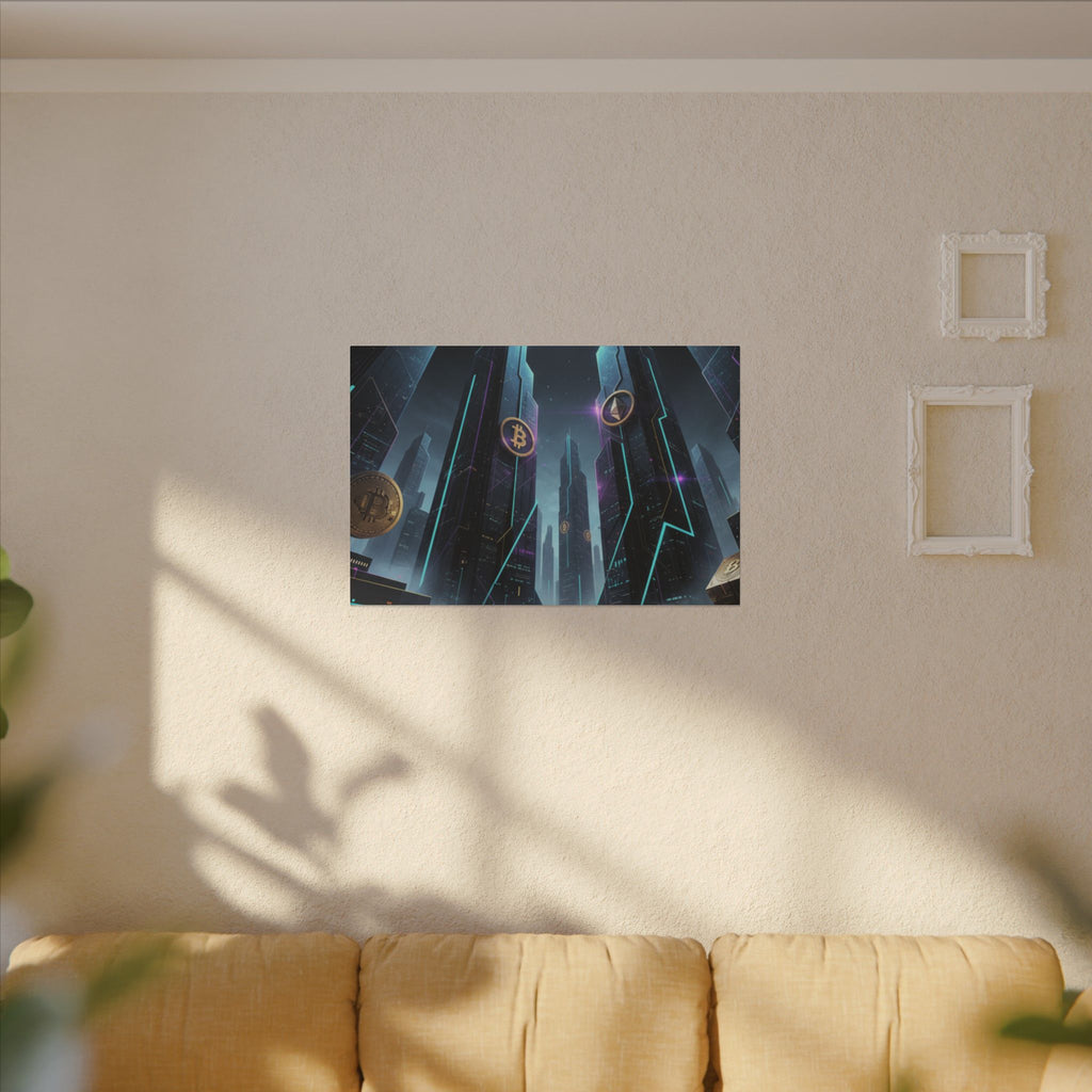 Crypto City Canvas Print — Futuristic Bitcoin & Ethereum Wall Art