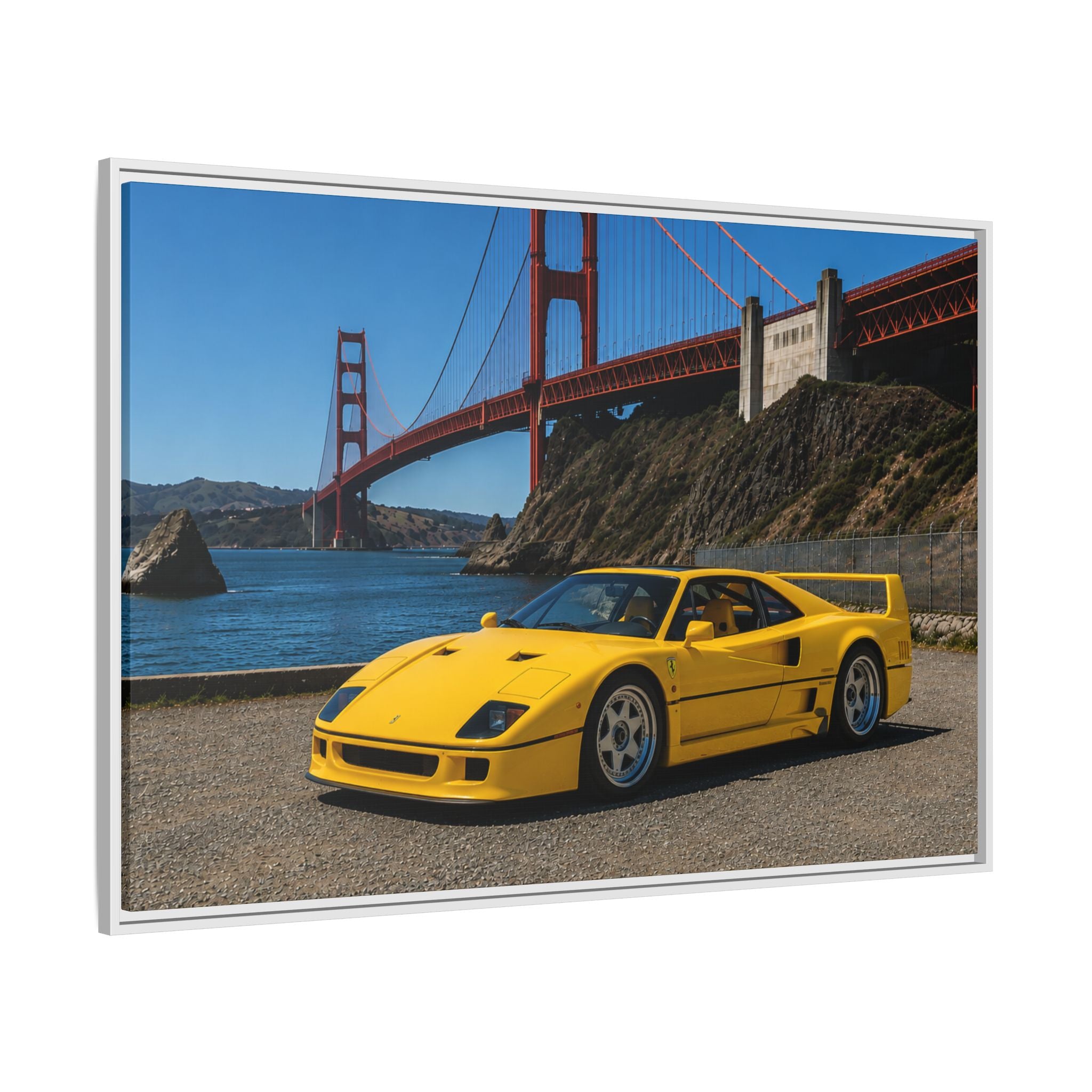 Ferrari 1987 F40 — Yellow Ferrari by the Golden Gate Bridge - Stunning Framed Canvas