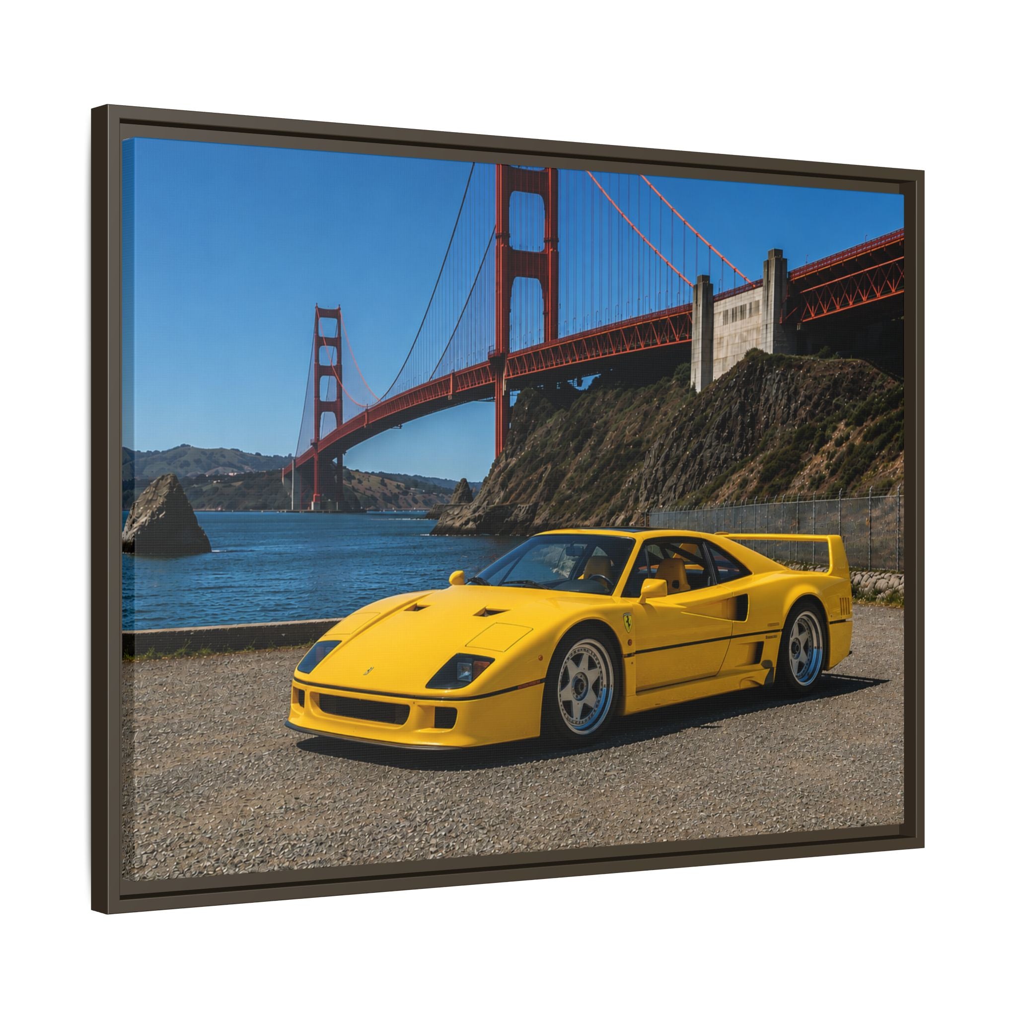 Ferrari 1987 F40 — Yellow Ferrari by the Golden Gate Bridge - Stunning Framed Canvas