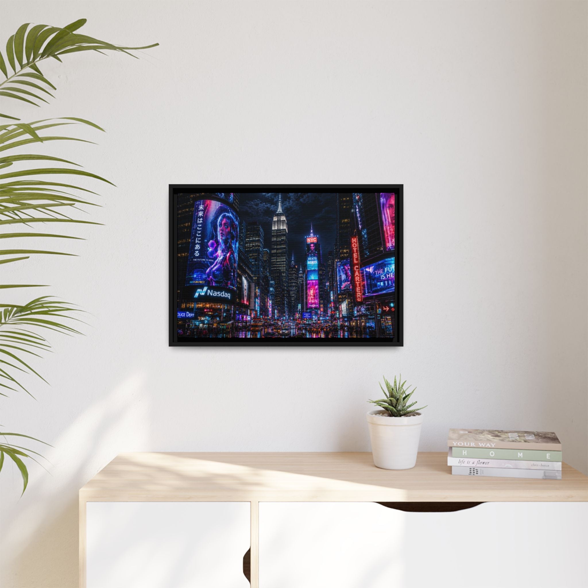 Time Square City Scape "Cyberpunk themed" Neon City Nights Matte Canvas Print (Framed)