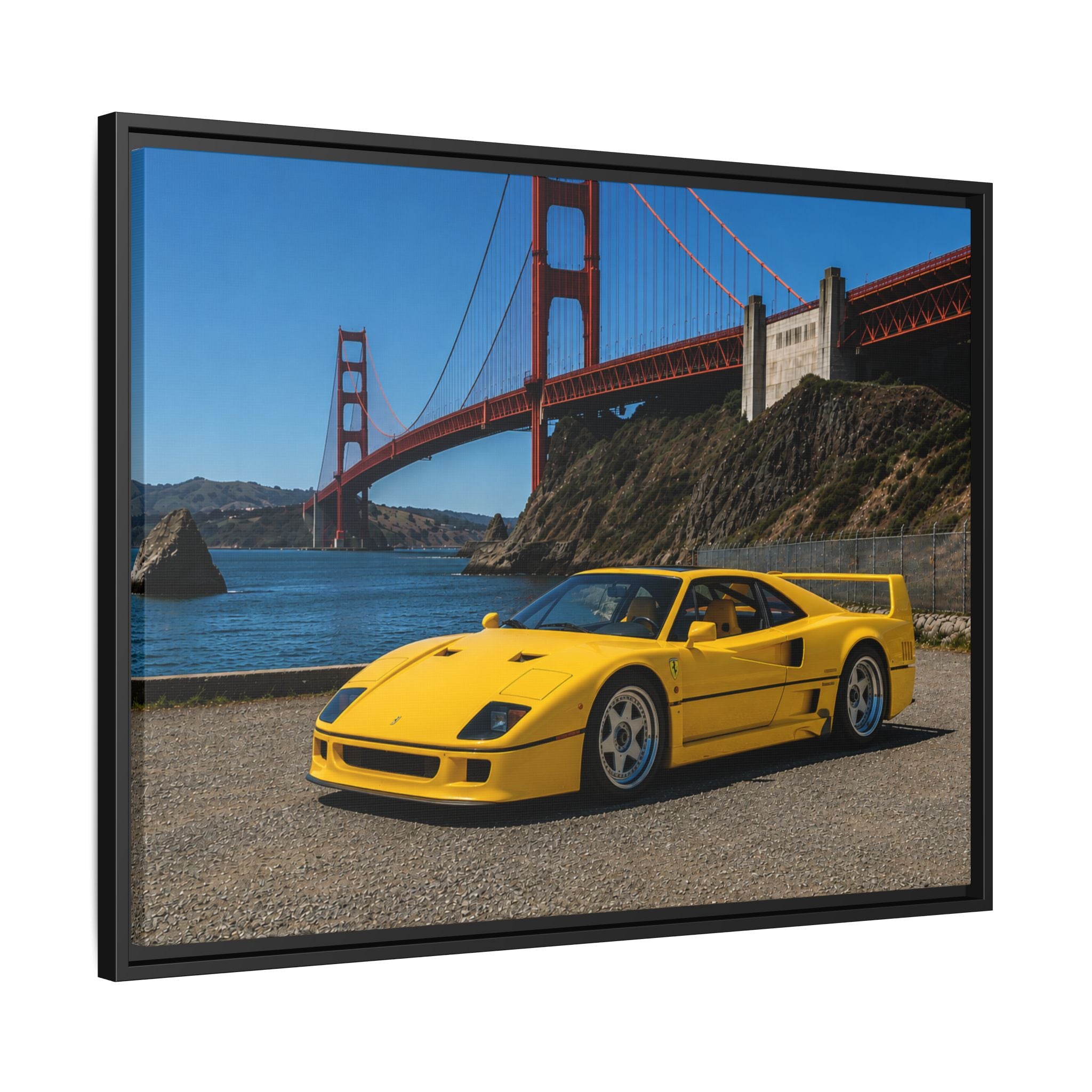 Ferrari 1987 F40 — Yellow Ferrari by the Golden Gate Bridge - Stunning Framed Canvas