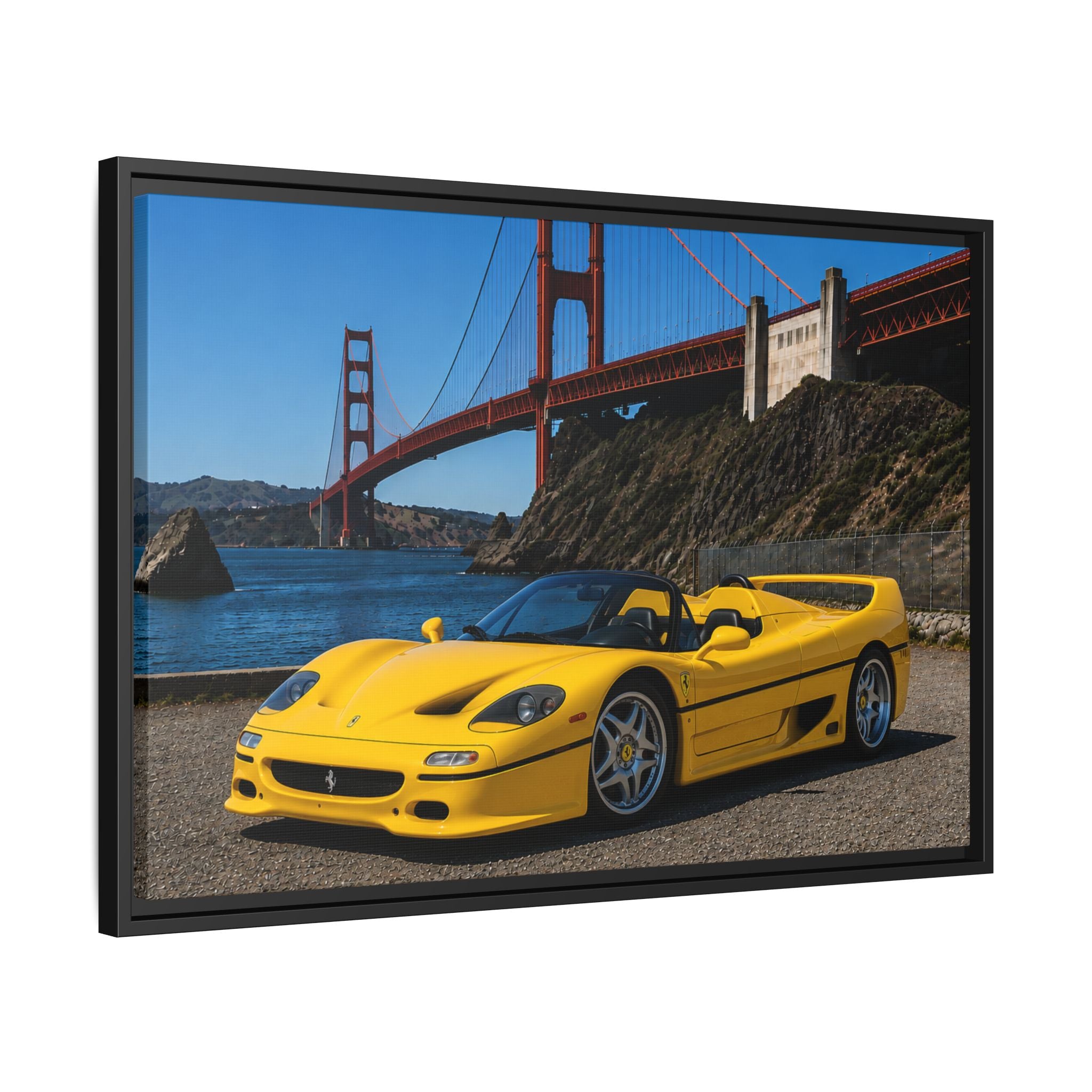 Ferrari F50 1995 Yellow — Framed Matte Canvas of Ferrari by Golden Gate Bridge