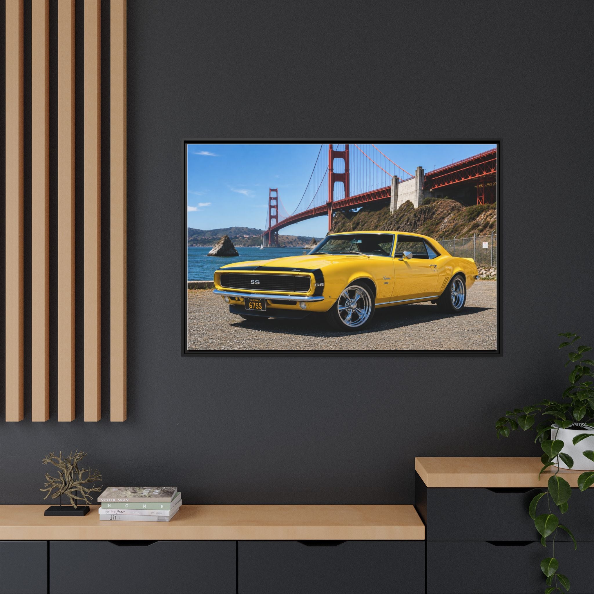 Camaro 1967 Framed Canvas – Yellow Classic "Bumble Bee" Camaro by Golden Gate Bridge