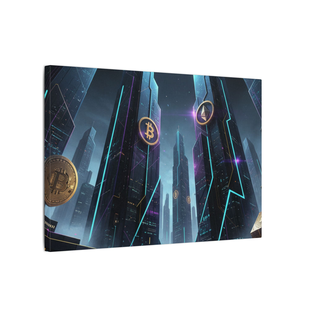 Crypto City Canvas Print — Futuristic Bitcoin & Ethereum Wall Art