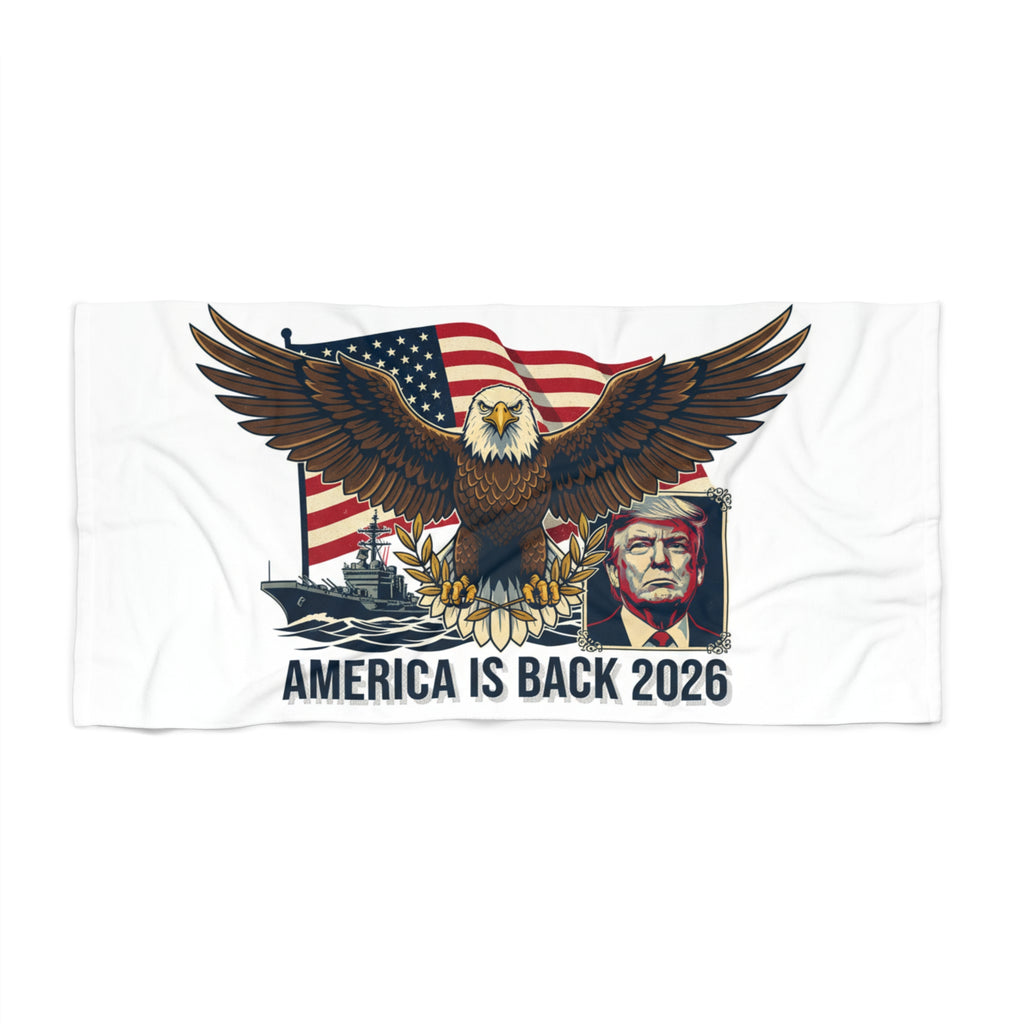 Patriotic Eagle Beach Towel — "America Is Back 2026" Graphic