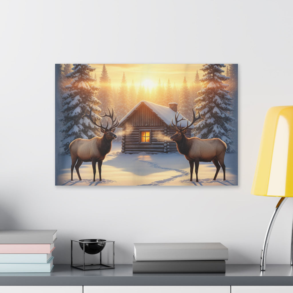 Winter Cabin Elk Canvas Wall Art – Cozy Snowy Forest Sunset Print