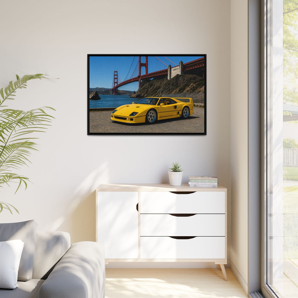 Ferrari 1987 F40 — Yellow Ferrari by the Golden Gate Bridge - Stunning Framed Canvas