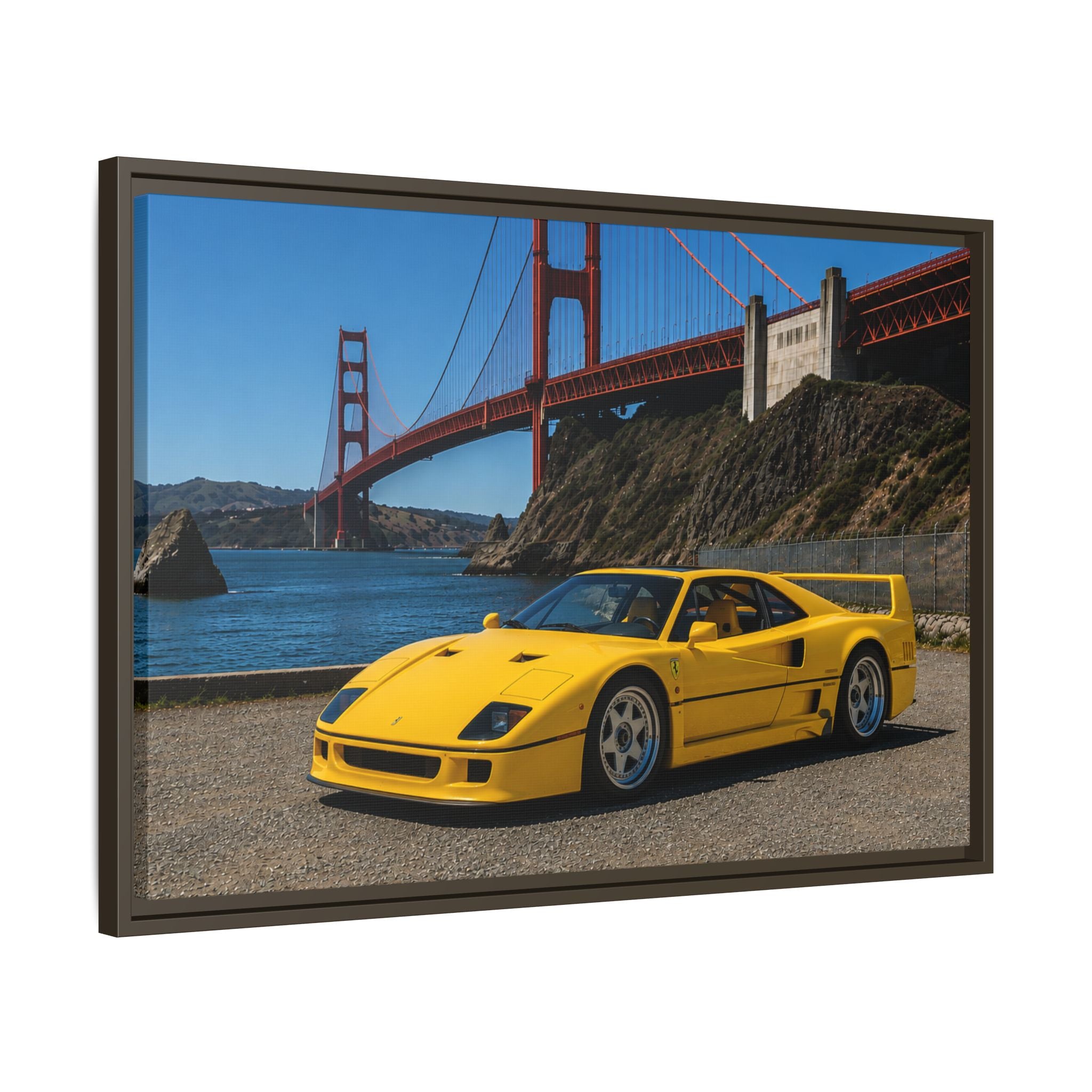 Ferrari 1987 F40 — Yellow Ferrari by the Golden Gate Bridge - Stunning Framed Canvas
