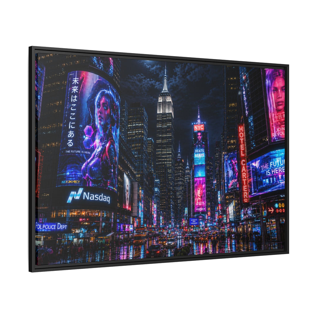 Time Square City Scape "Cyberpunk themed" Neon City Nights Matte Canvas Print (Framed)