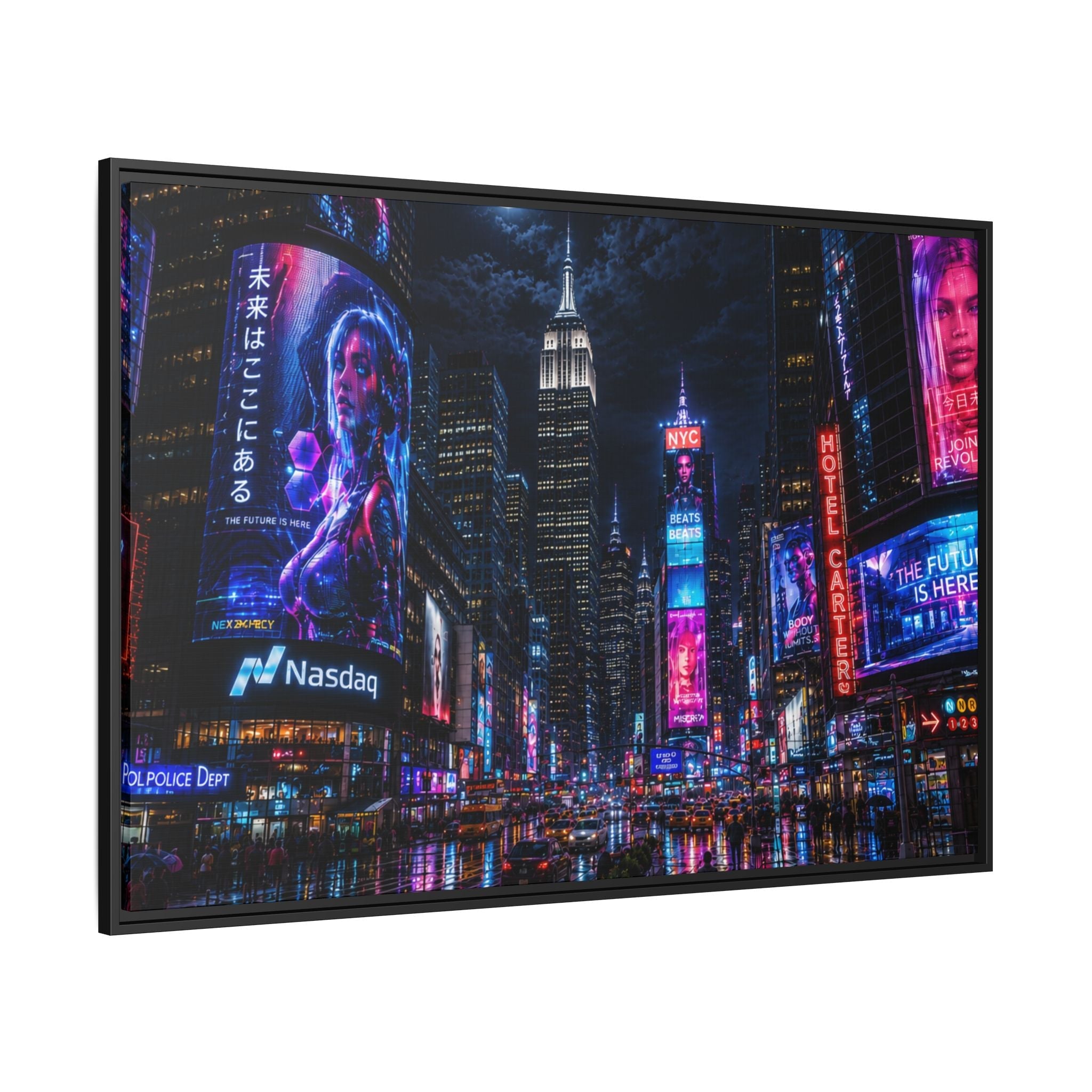 Time Square City Scape "Cyberpunk themed" Neon City Nights Matte Canvas Print (Framed)