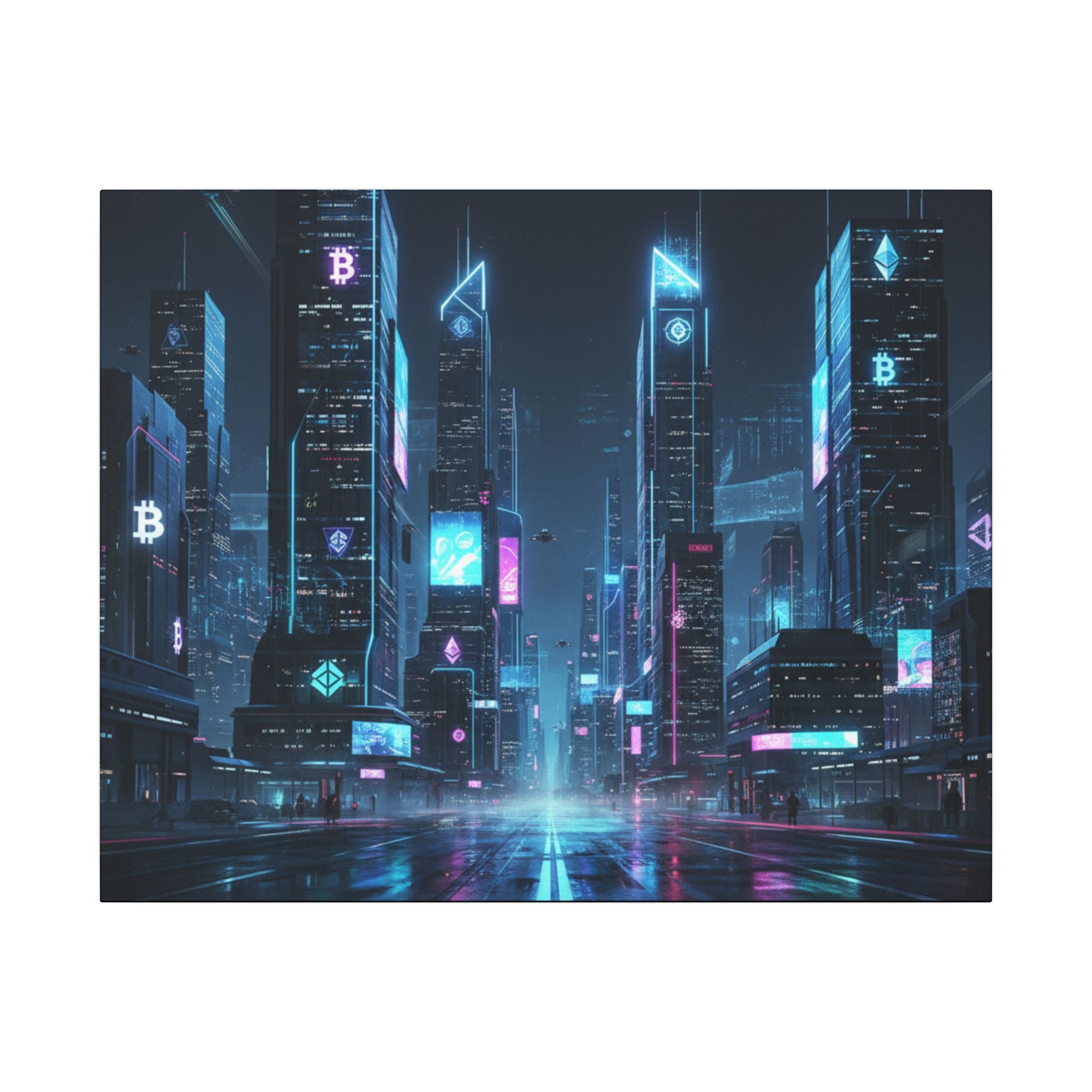 Cyberpunk Cityscape Matte Canvas Print — Neon Futuristic Skyline Wall Art