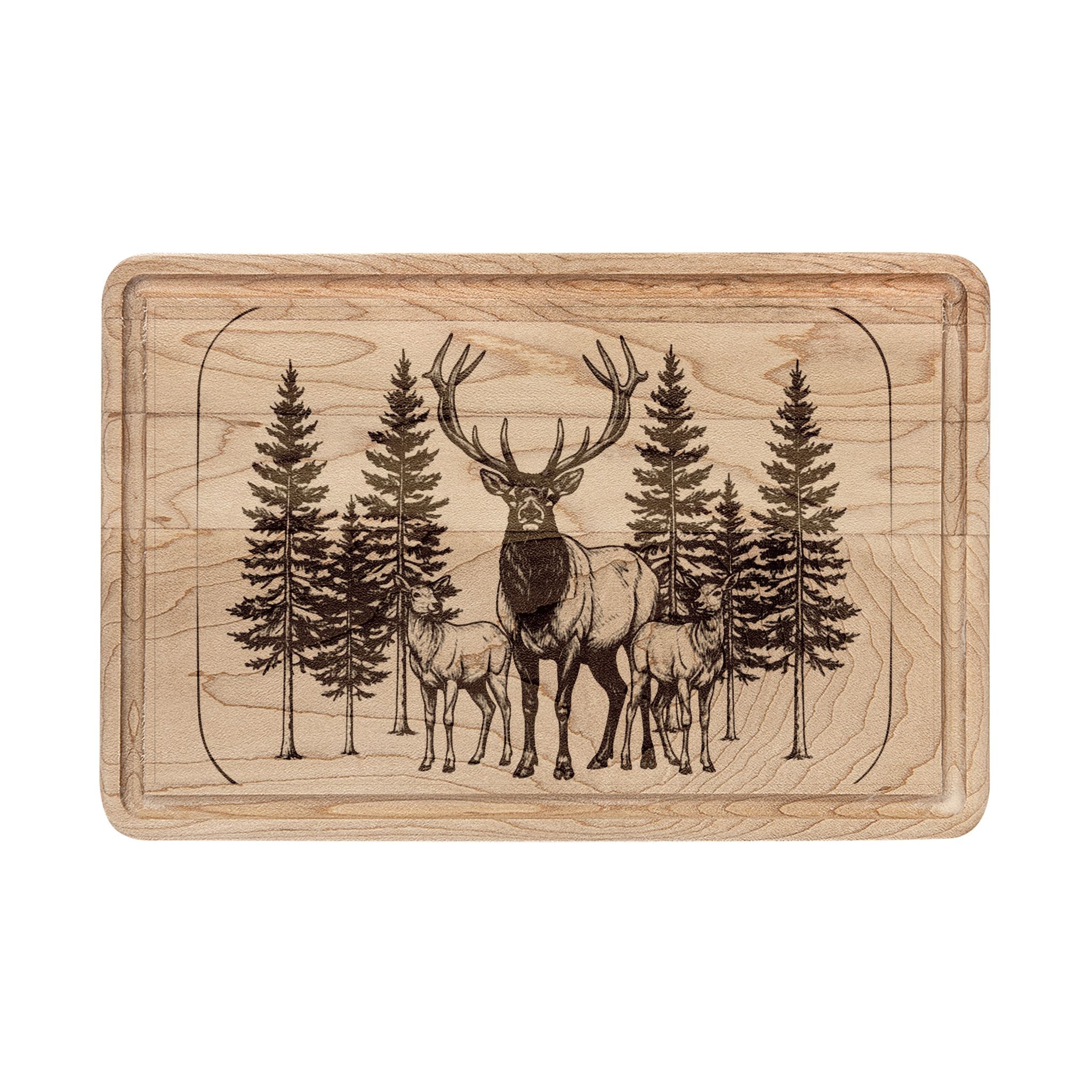 Engraved Elk & Pine Cutting Board — Rustic Wooden Serving/Chopping Board