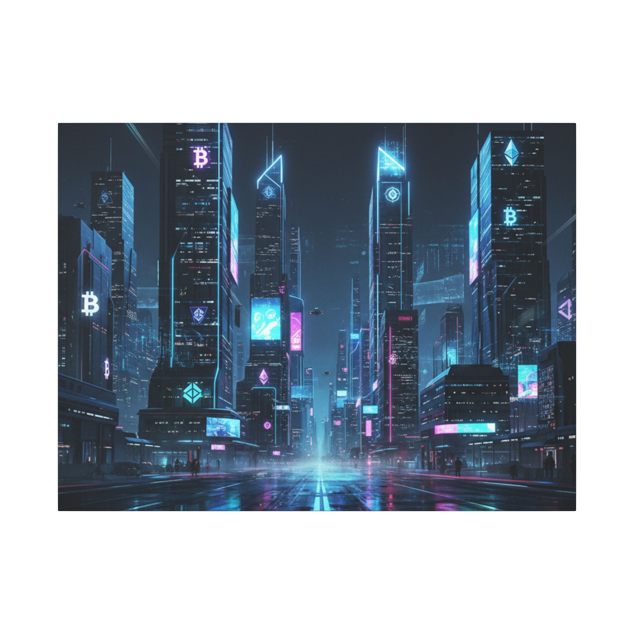 Cyberpunk Cityscape Matte Canvas Print — Neon Futuristic Skyline Wall Art