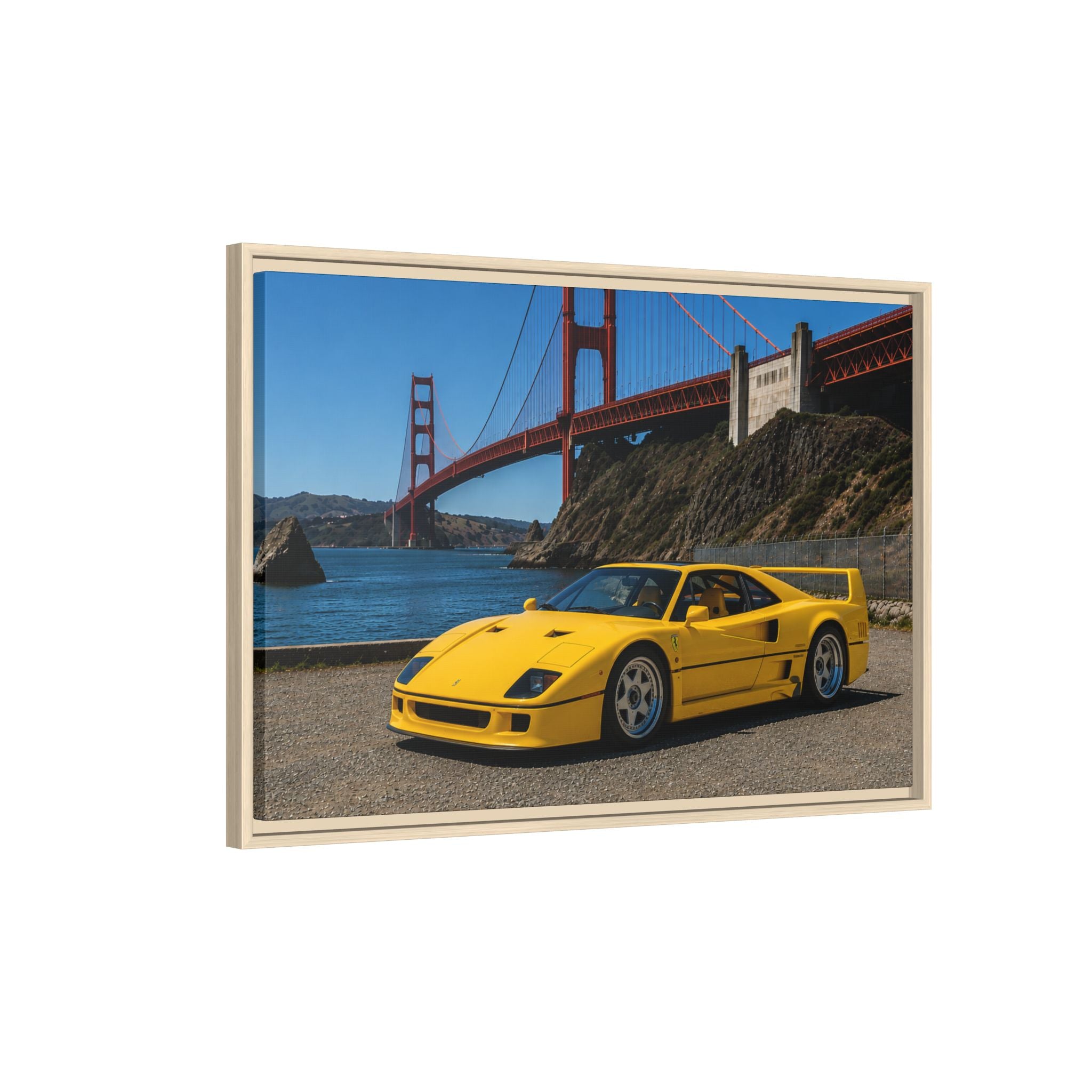 Ferrari 1987 F40 — Yellow Ferrari by the Golden Gate Bridge - Stunning Framed Canvas