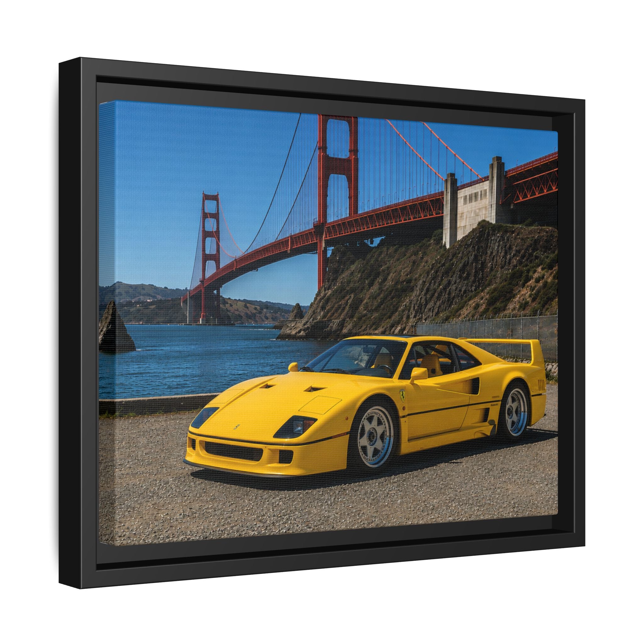 Ferrari 1987 F40 — Yellow Ferrari by the Golden Gate Bridge - Stunning Framed Canvas