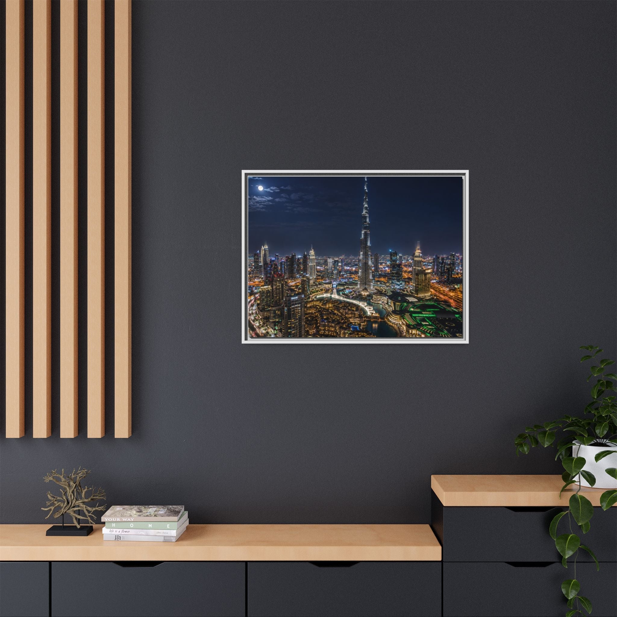 Dubai Night Skyline Matte Framed Canvas Print