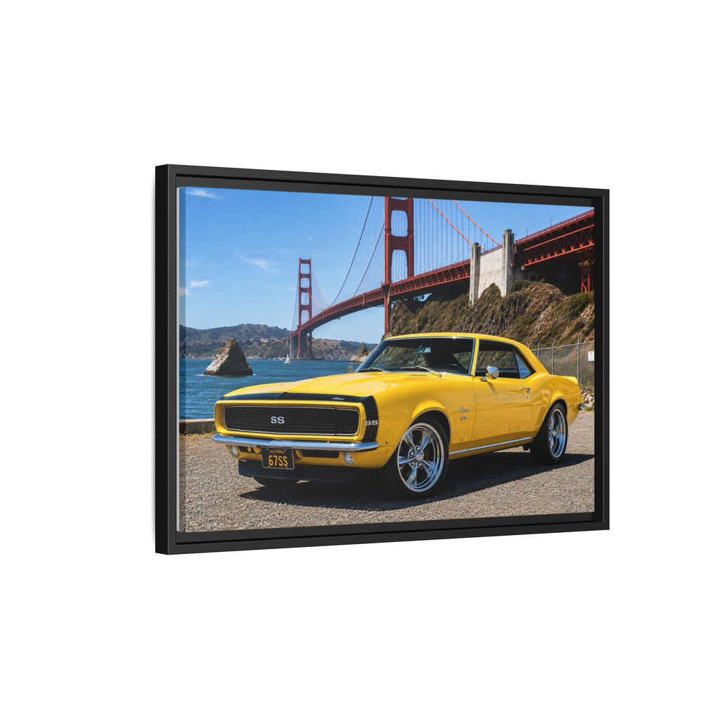 Camaro 1967 Framed Canvas – Yellow Classic "Bumble Bee" Camaro by Golden Gate Bridge