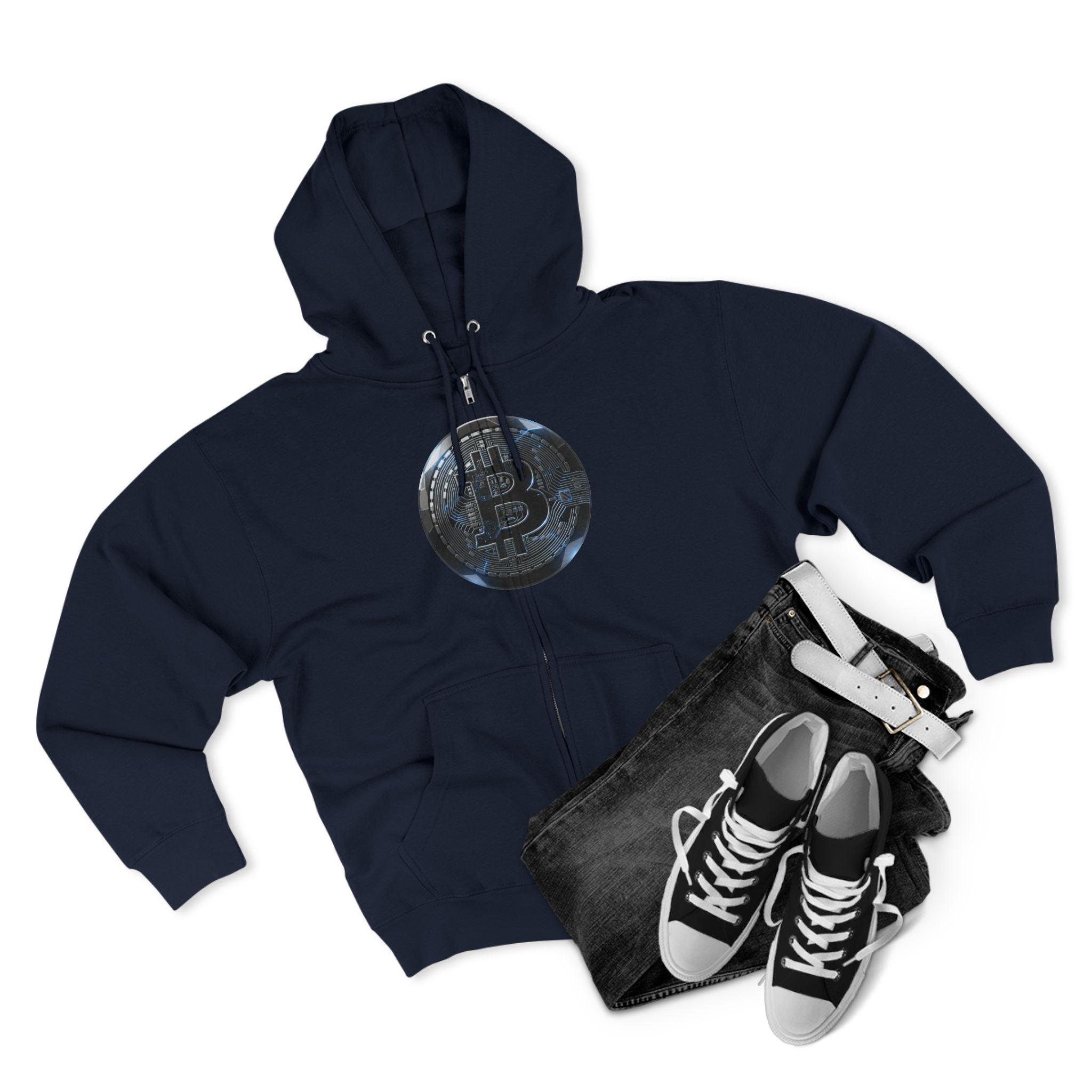 Bitcoin Coin Zip Hoodie — Crypto Logo Zip-Up Hoodie for Bitcoin Enthusiasts