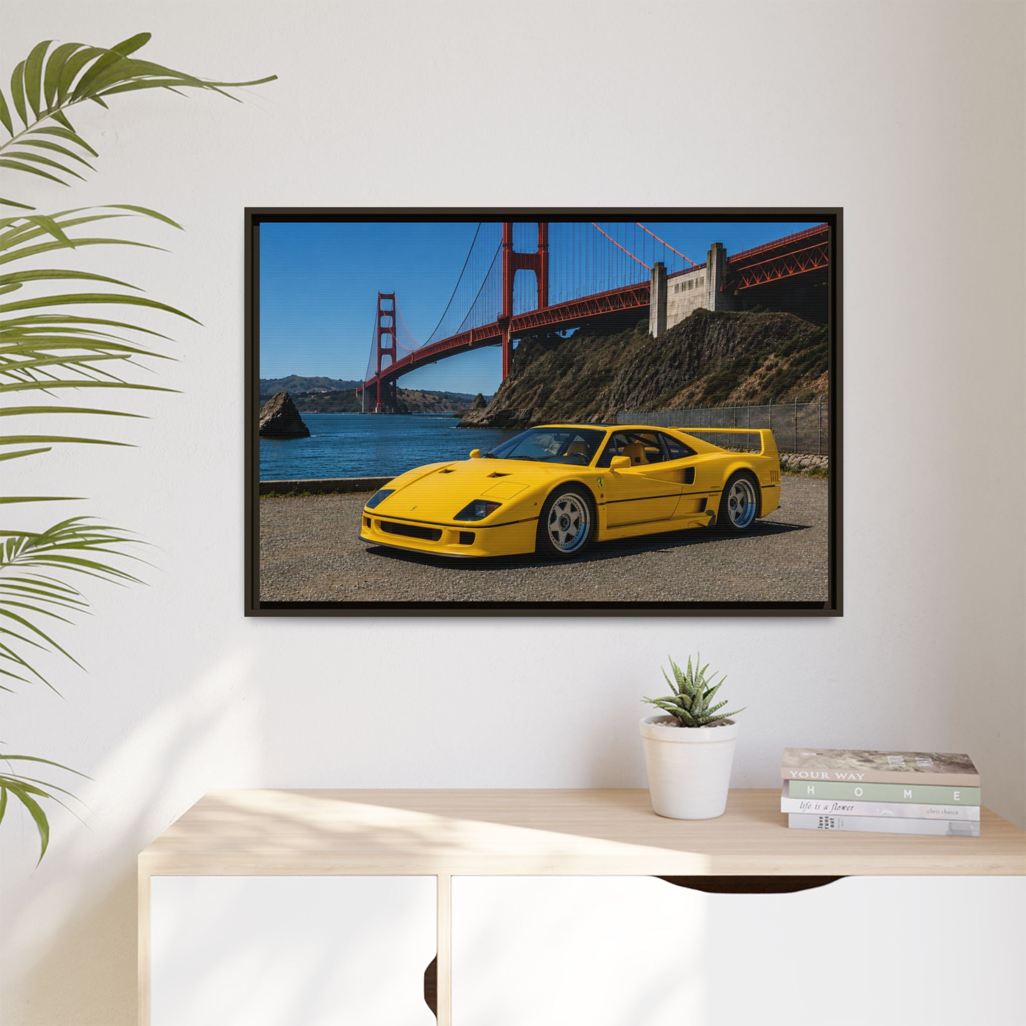 Ferrari 1987 F40 — Yellow Ferrari by the Golden Gate Bridge - Stunning Framed Canvas