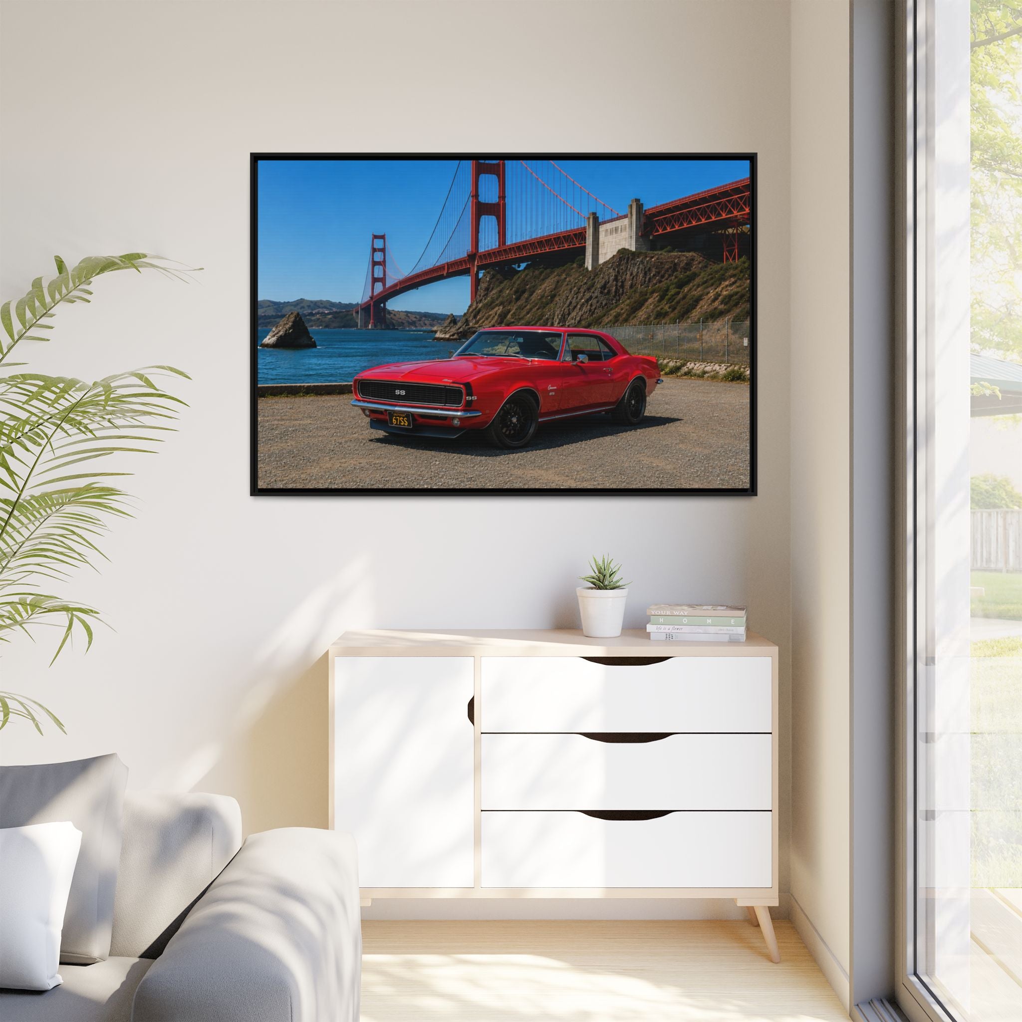 1967 Camaro SS - Stunning Camaro at Golden Gate Bridge - Framed Canvas