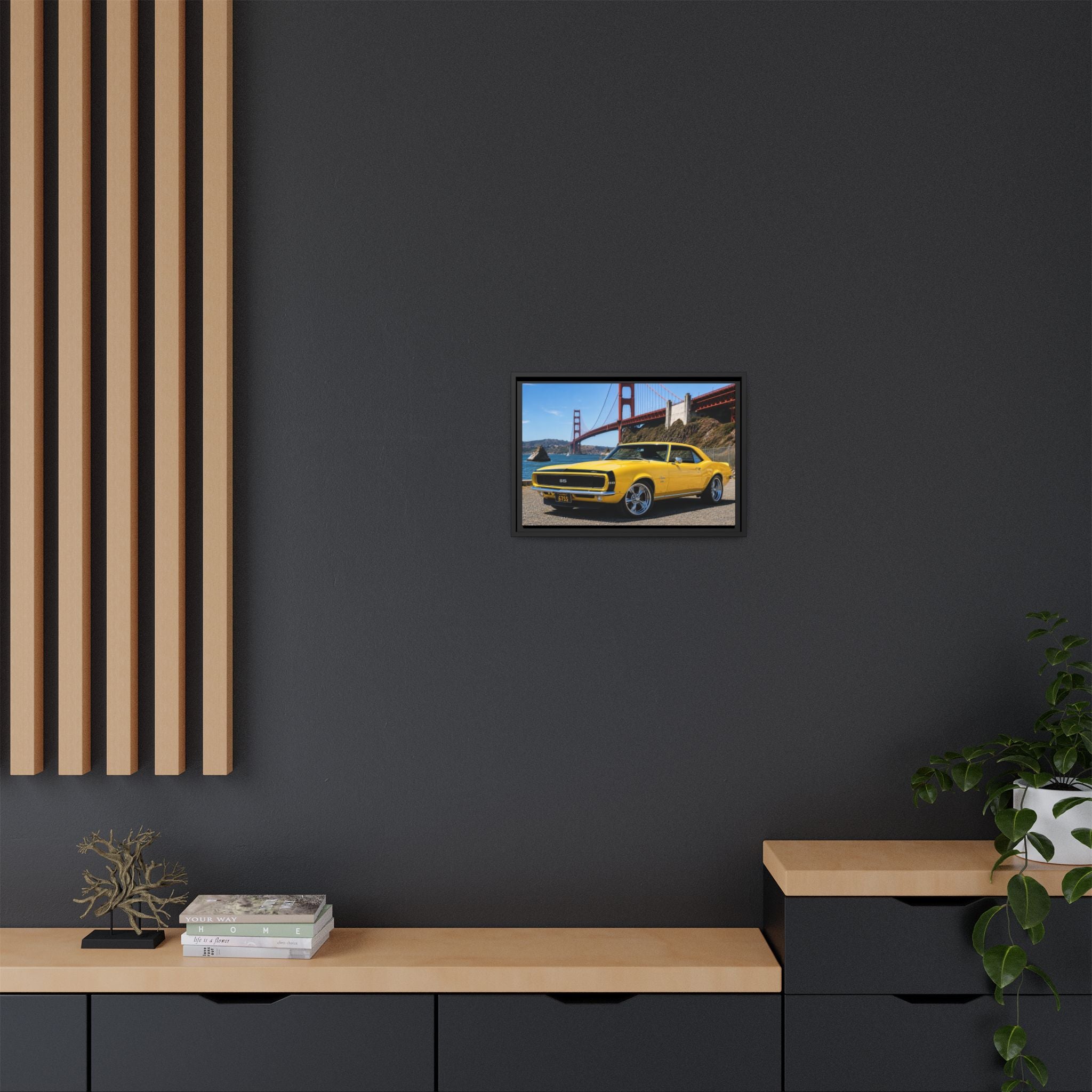 Camaro 1967 Framed Canvas – Yellow Classic "Bumble Bee" Camaro by Golden Gate Bridge
