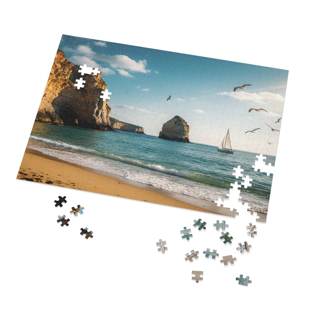 Beach Scene Jigsaw Puzzle (with Tin) — Seaside Sailboat 500-Pc Puzzle Gift