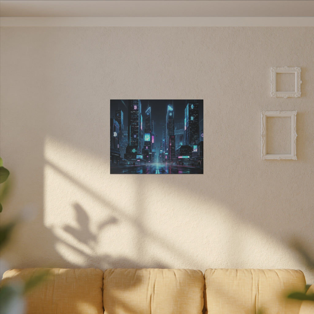 Cyberpunk Cityscape Matte Canvas Print — Neon Futuristic Skyline Wall Art