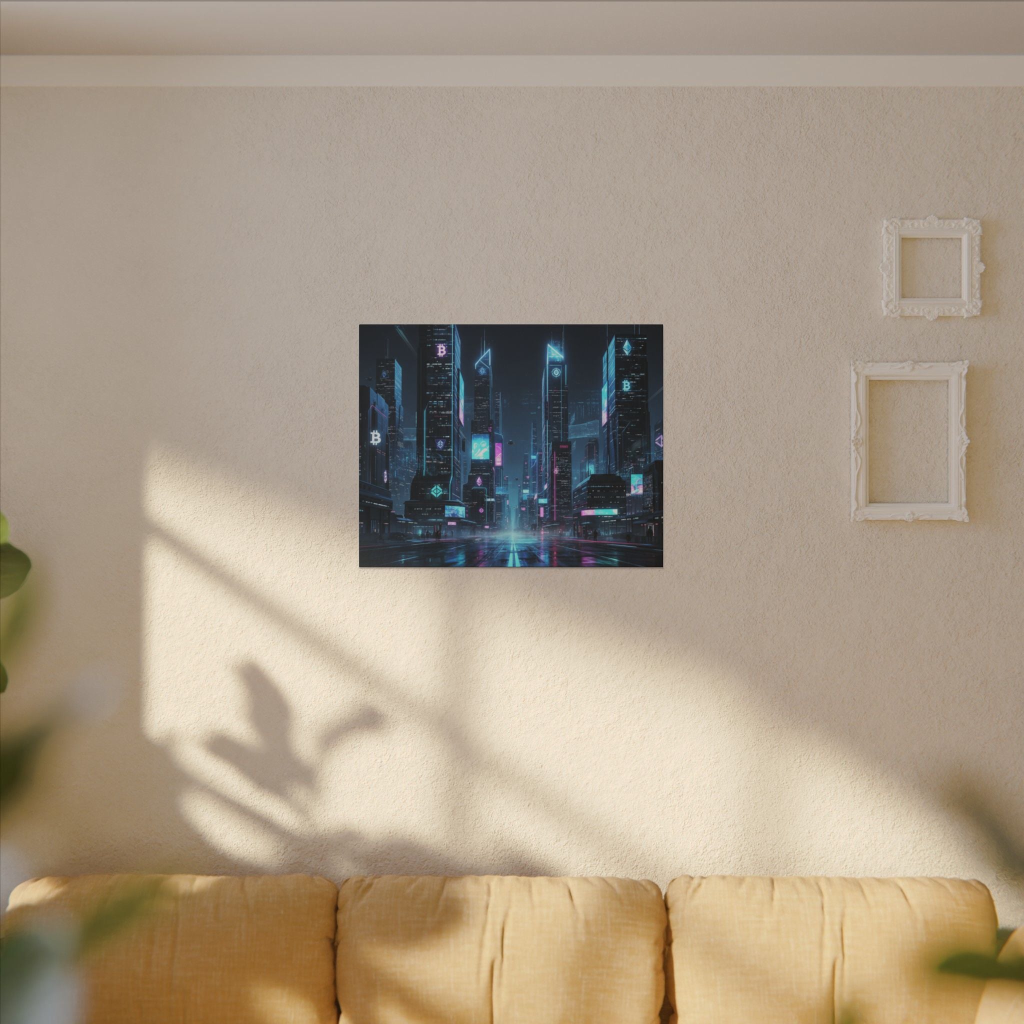 Cyberpunk Cityscape Matte Canvas Print — Neon Futuristic Skyline Wall Art