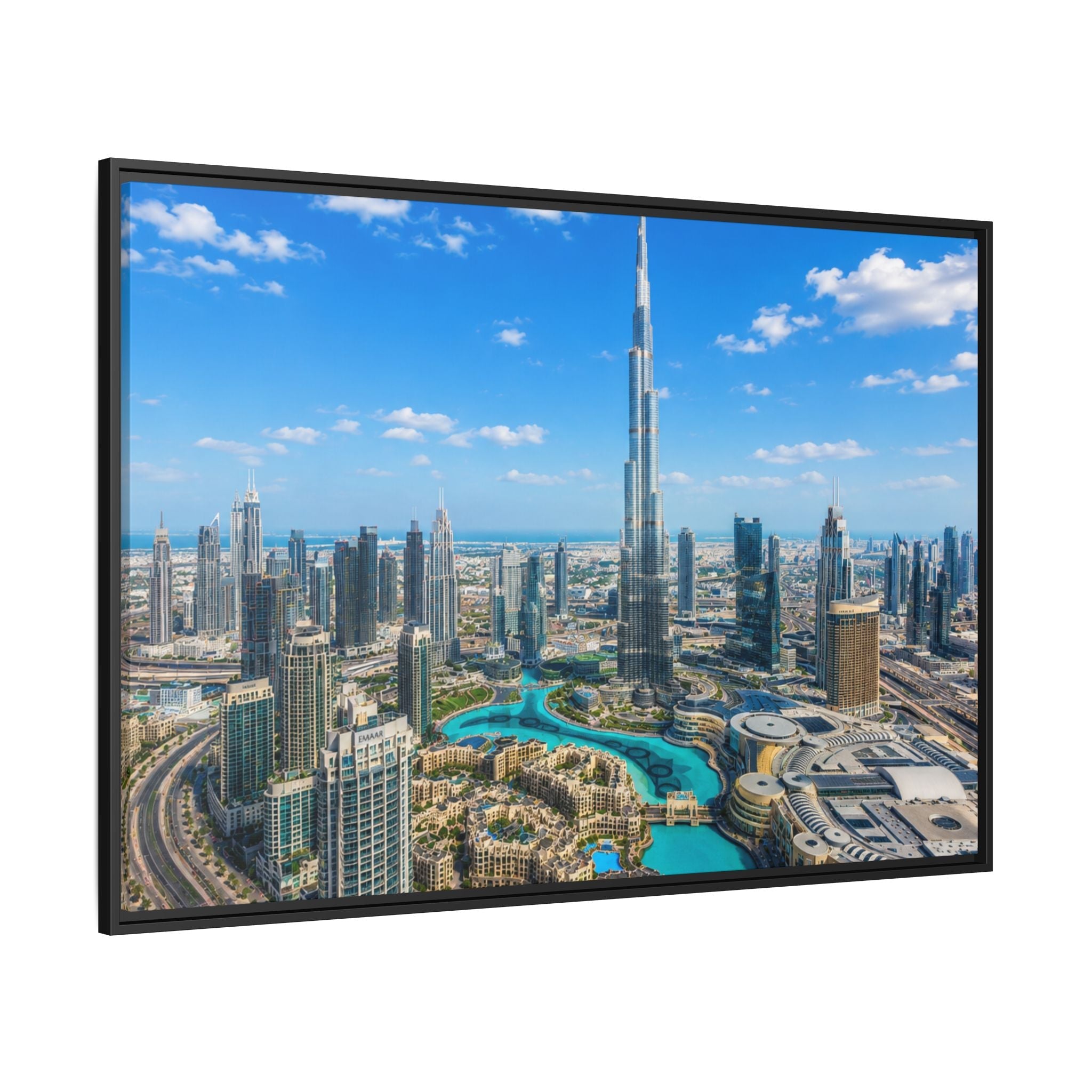 Dubai Skyline Matte Canvas Print (Framed) — Burj Khalifa Aerial Cityscape Wall Art
