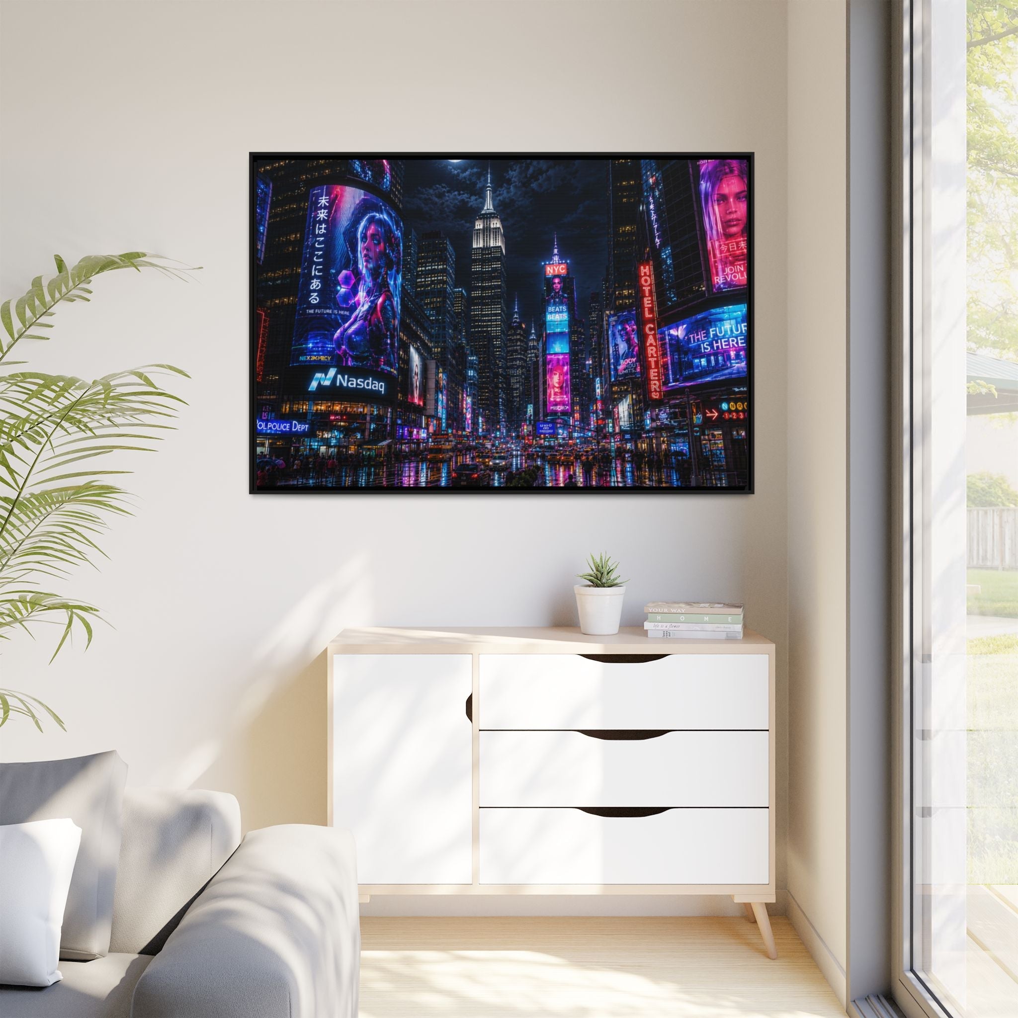 Time Square City Scape "Cyberpunk themed" Neon City Nights Matte Canvas Print (Framed)