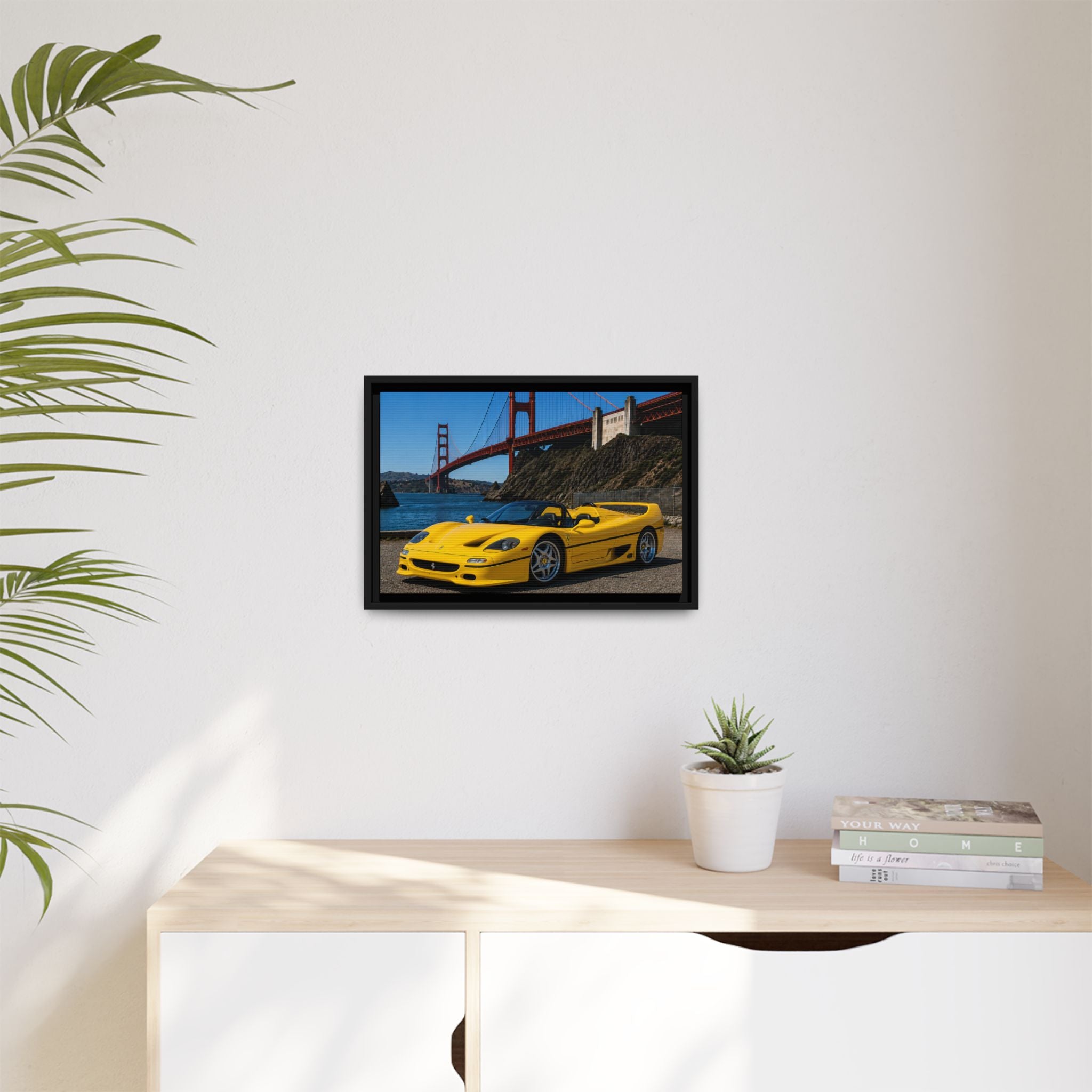 Ferrari F50 1995 Yellow — Framed Matte Canvas of Ferrari by Golden Gate Bridge