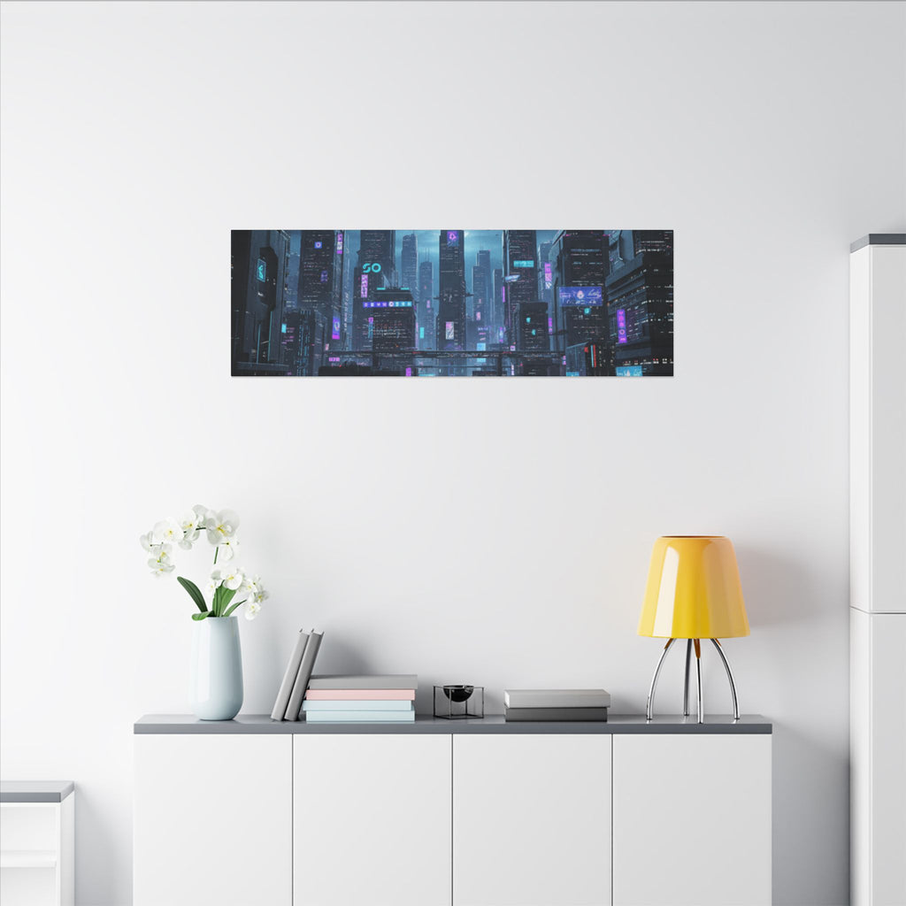 Cyberpunk Cityscape Matte Canvas Print — Neon Futuristic Wall Art