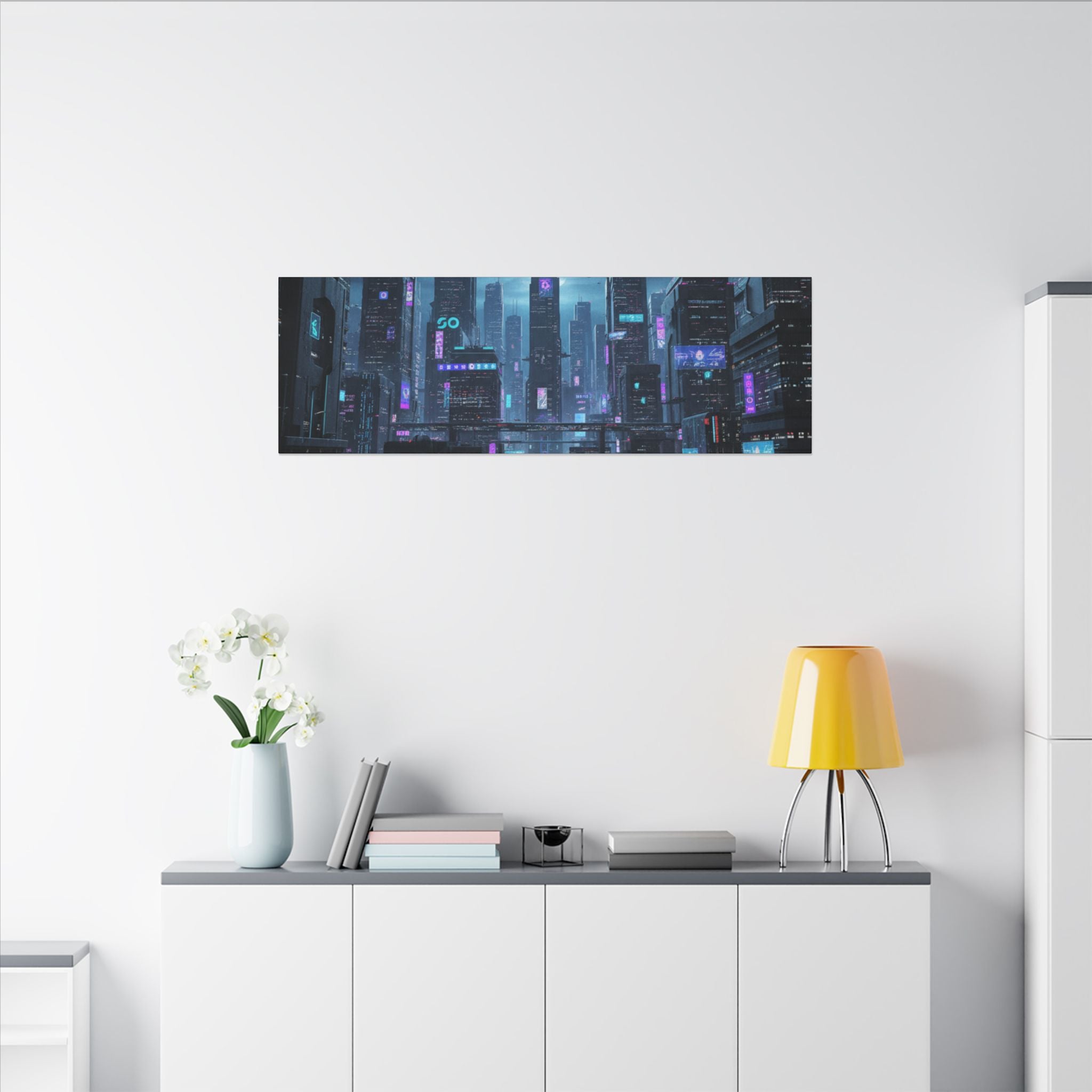 Cyberpunk Cityscape Matte Canvas Print — Neon Futuristic Wall Art