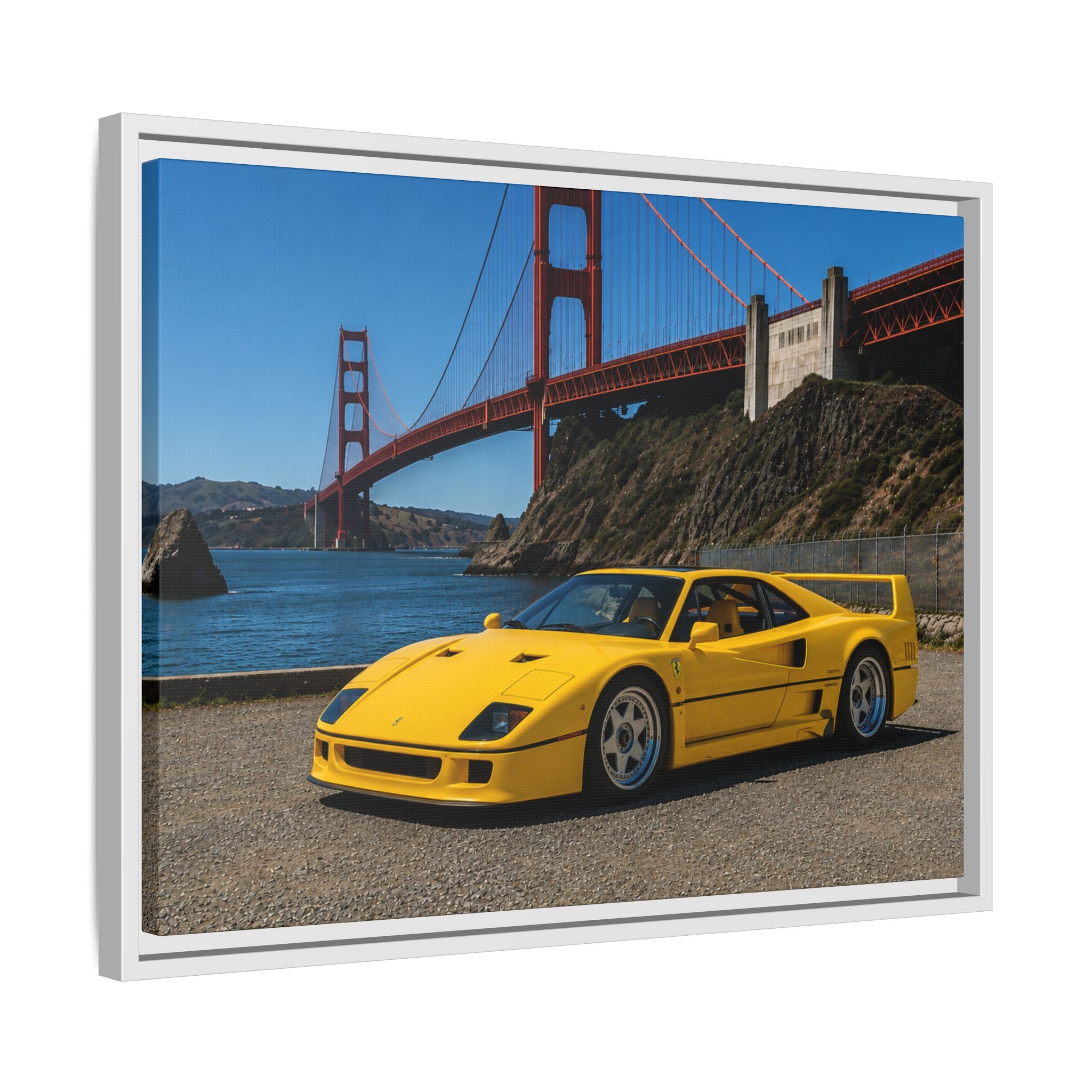 Ferrari 1987 F40 — Yellow Ferrari by the Golden Gate Bridge - Stunning Framed Canvas