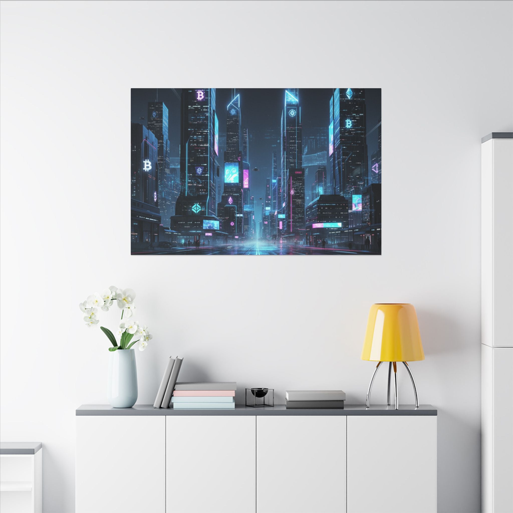 Cyberpunk Cityscape Matte Canvas Print — Neon Futuristic Skyline Wall Art